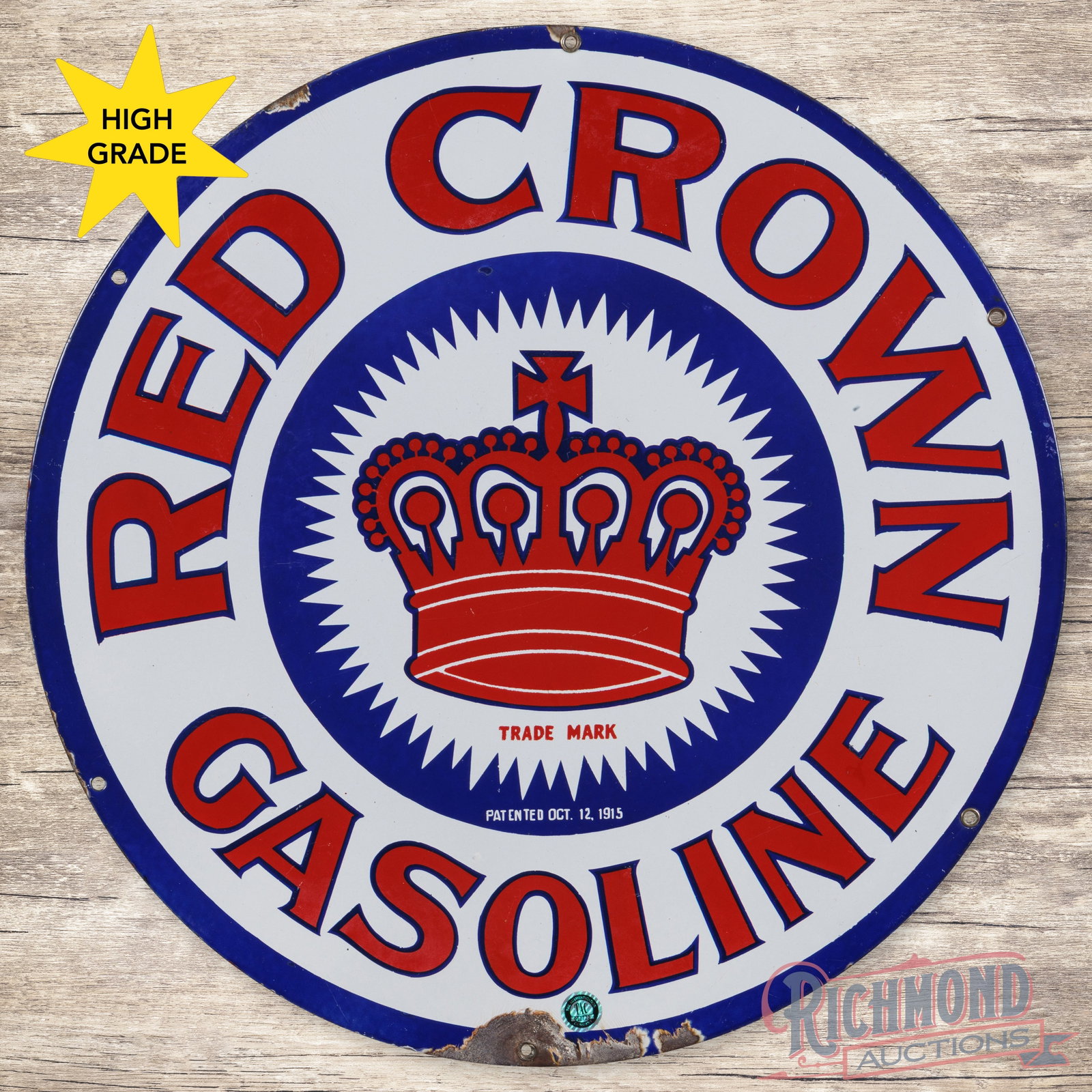 Red Crown Gasoline 24" Single Sided Porcelain Sign w/ Logo: SSP (single sided porcelain) sign has excellent color and gloss. The field exhibits minor surface imperfections. The perimeter has a chip with minor bend on the lower edge and other minor chips along 