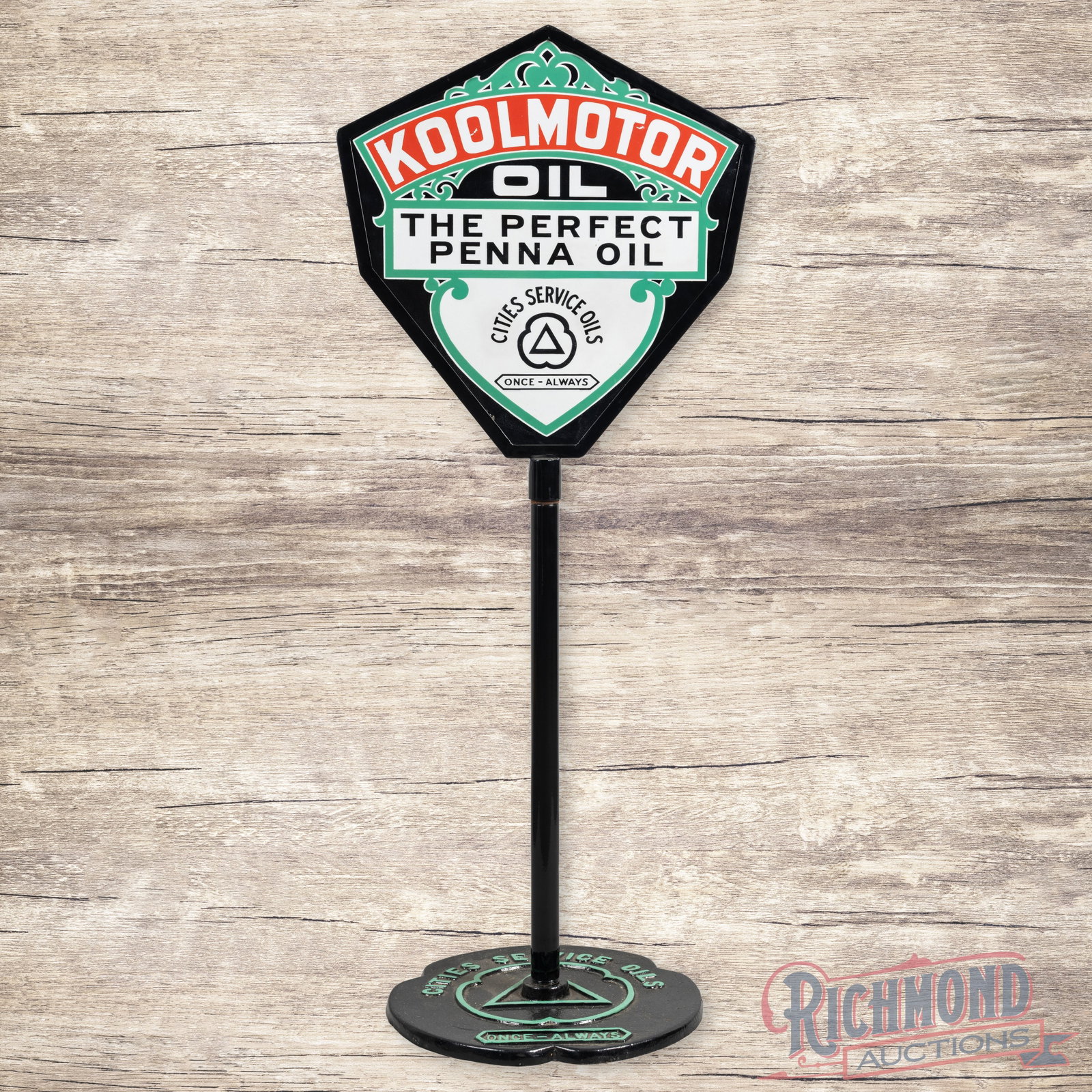 Cities Service Koolmotor Oil "Kite" Double Sided Porcelain Curb Sign: DSP (double sided porcelain) die cut curb sign with Cities Service base has been professionally restored. Side #1 has a clean field with minor surface imperfections. The reverse has a vertical line of