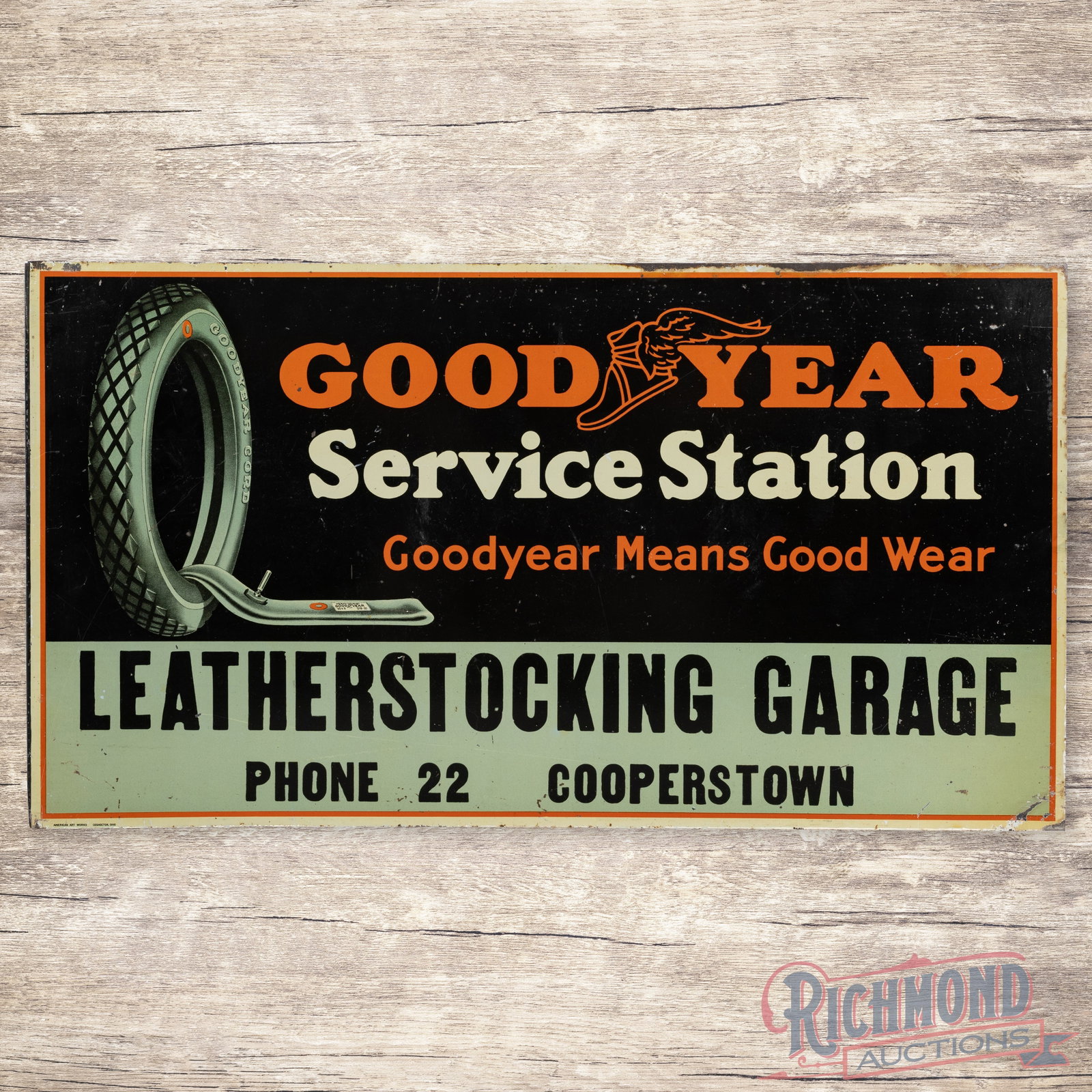 Goodyear Service Station Leatherstocking Garage Cooperstown Double Sided Tin Flange Sign: Early DST (double sided tin) flange has excellent color and shine. Side #1 has light wear with small paint chips in the fields. The perimeter has some paint loss along the edges with a small bend on t