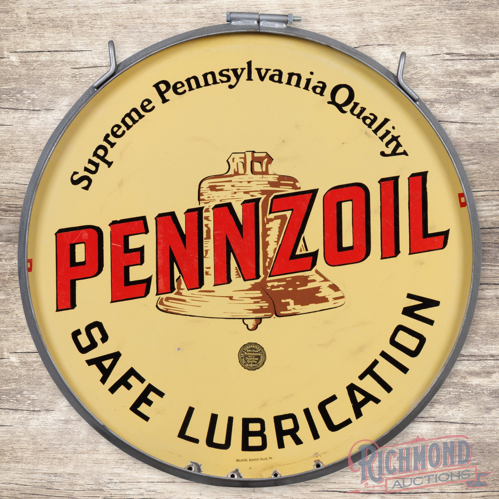 Pennzoil Safe Lubrication 24" Double Sided Porcelain Sign w/ Ring "Brown Bell": DSP (double sided porcelain) sign with a metal ring has excellent color and gloss. Side #1 has light wear with small bruises in the field and an eraser-sized chip by the "E" in Safe. The perimeter has
