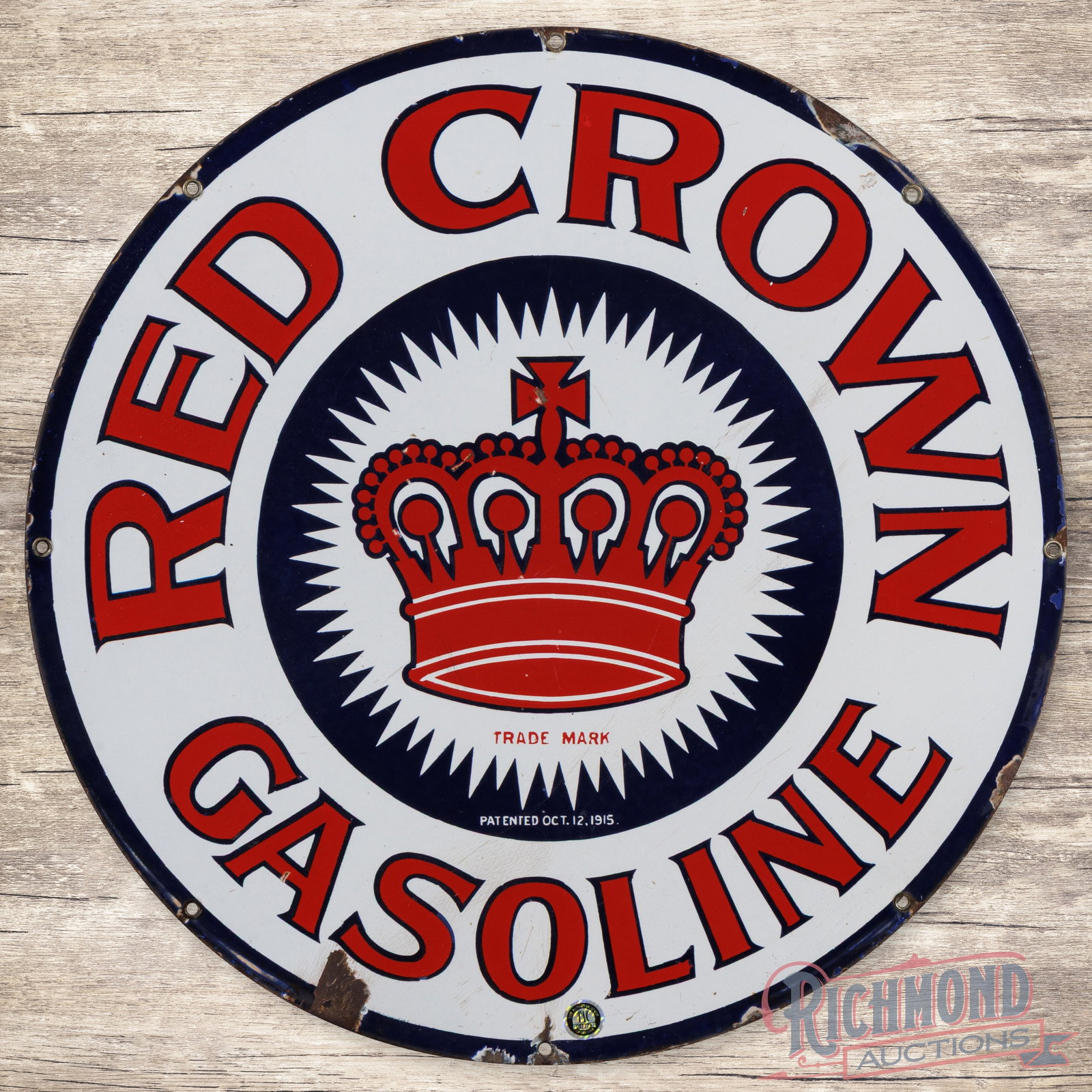 Red Crown Gasoline 24" Single Sided Porcelain Logo Sign: SSP (single sided porcelain) sign has very good color and gloss. The display has small chips, surface wear and areas of crazing. The perimeter has chips with minor crazing along the outer edges. Overa