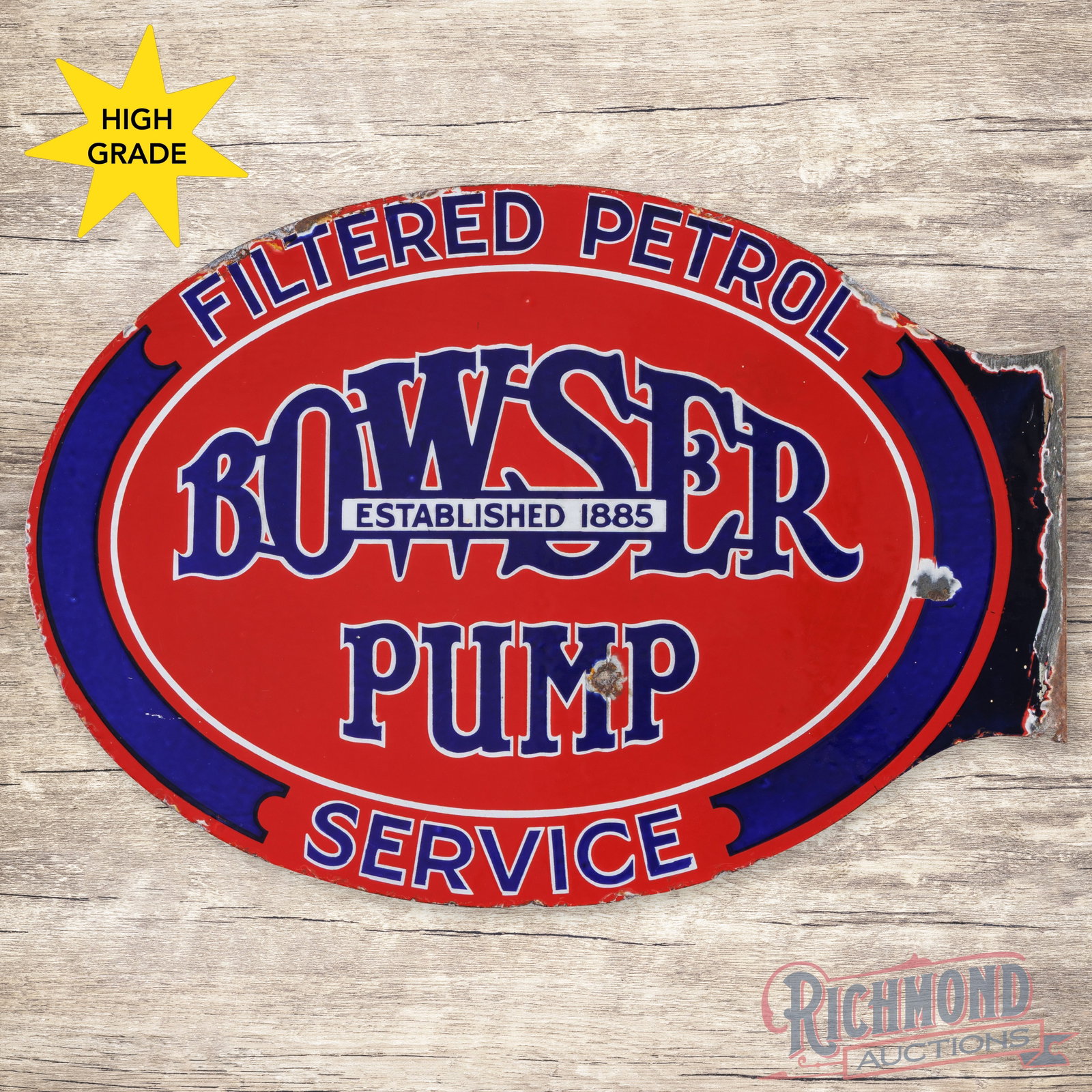 Bowser "Established 1885" Pump Filtered Service Double Sided Porcelain Flange Sign: DSP (double sided porcelain) flange has excellent color and gloss. The display has a clean field with small chips along the perimeter and larger chips on the flange. The reverse has a chip in the lowe