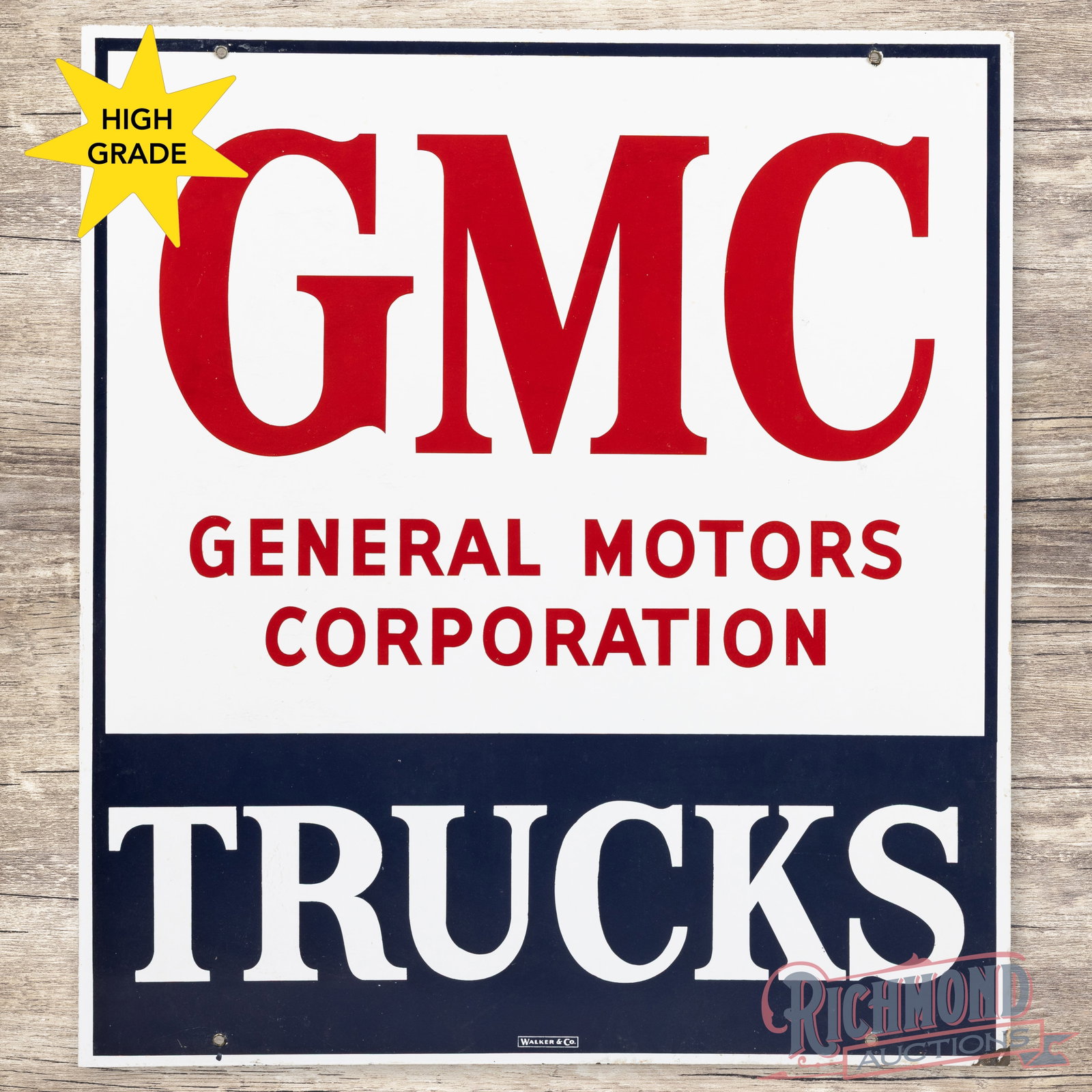 GMC Trucks General Motors Corporation 39" Double Sided Porcelain Sign: DSP (double sided porcelain) sign has excellent color and gloss. The display has minor surface imperfections in the fields. The perimeter has a few minor chips at the mounting holes, and a small bend 