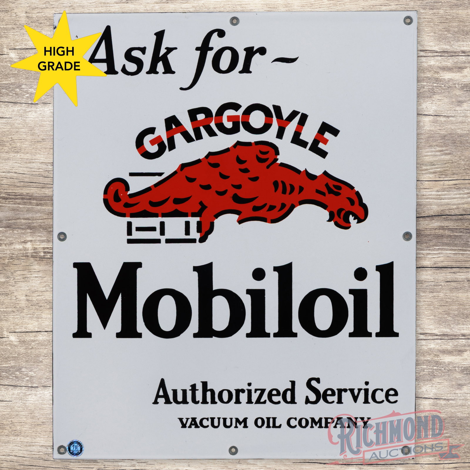 Ask for Gargoyle Mobiloil Vacuum Oil Company Single Sided Porcelain Sign: SSP (single sided porcelain) sign has day one color and gloss. The field and perimeter are exceptionally clean. The upper field has minor marks with a factory blemish to the left of the "A" in Ask. Al