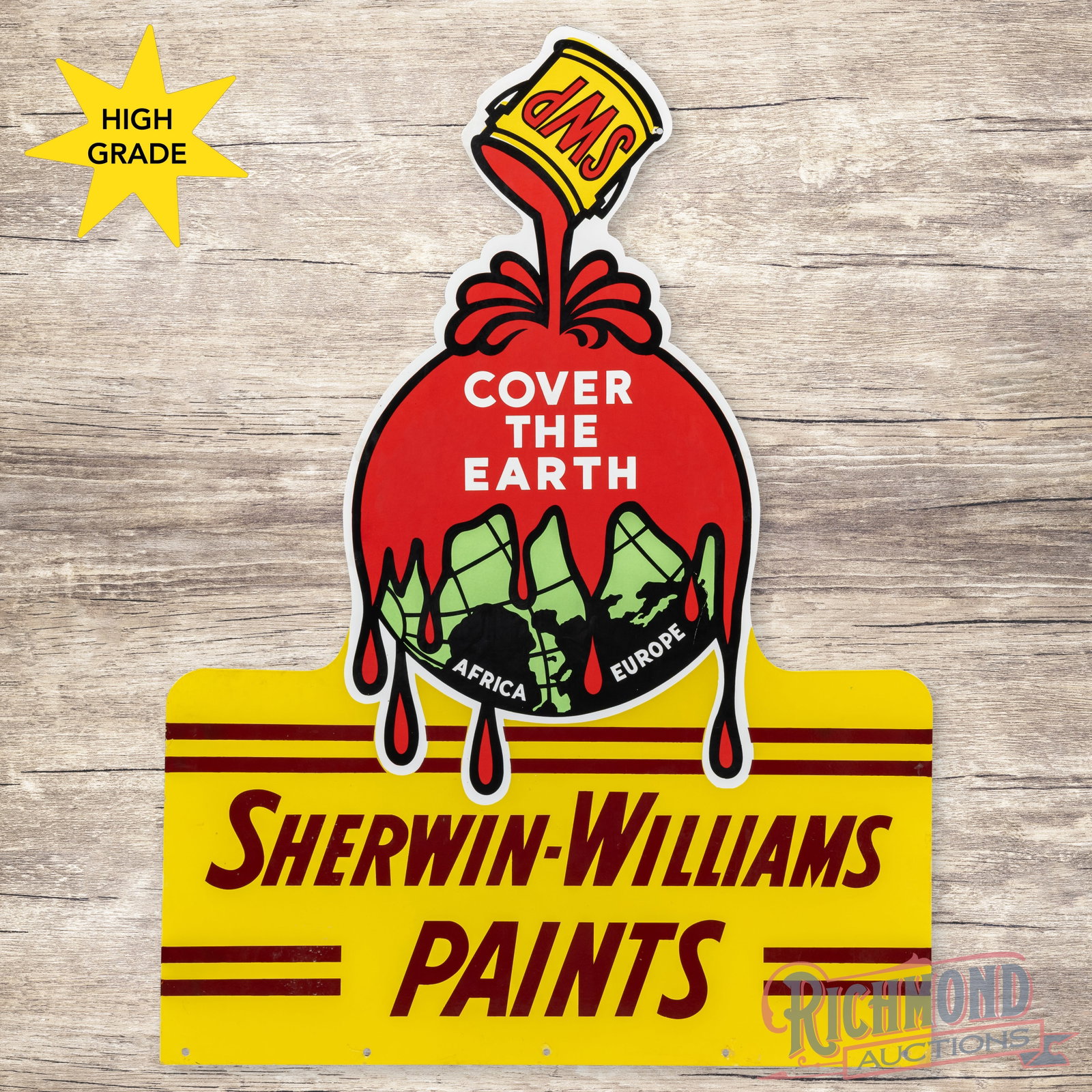 SWP Sherwin Williams Paints "Cover the Earth" Die Cut Single Sided Porcelain Sign: DSP (double sided porcelain) die cut sign has outstanding color and gloss. The display is clean with minor surface marks. The perimeter has tiny edge chips with a small color-matched chip on the lower
