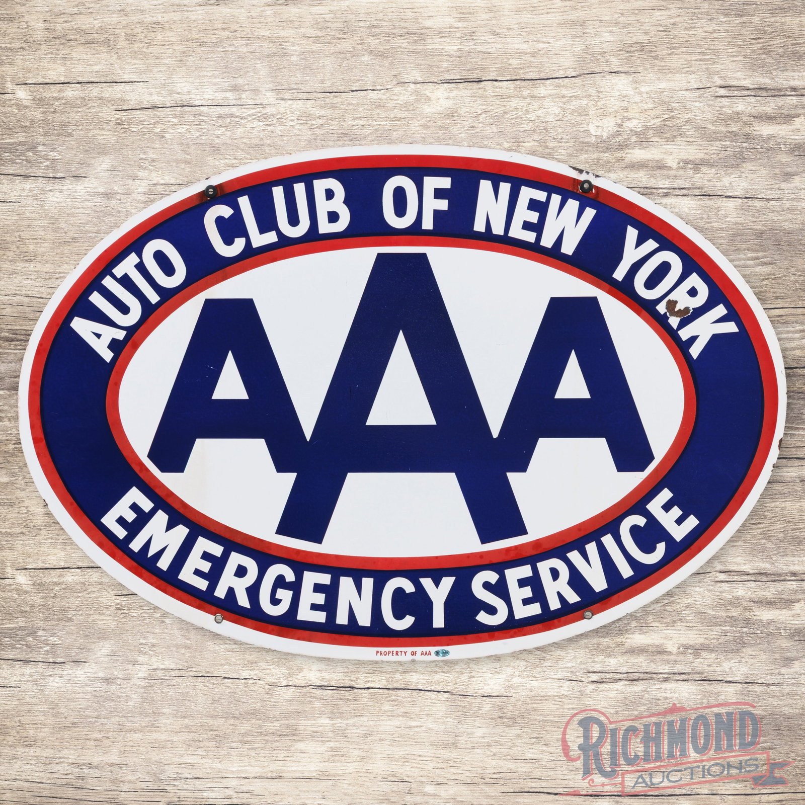 Triple A AAA Auto Club of New York Emergency Service 36" Double Sided Porcelain Sign: DSP (double sided porcelain) sign has very good color and gloss. The display has light wear, discoloration to the red porcelain enamel and a chip in the right outer field. The perimeter has small chip