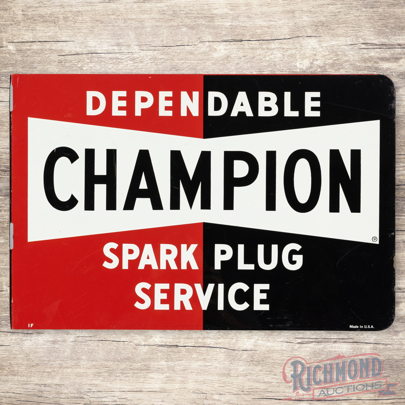 Champion Dependable Spark Plugs Double Sided Tin Flange Sign: DST (double sided tin) flange has excellent color and shine. Side #1 is very clean overall with a few minor surface imperfections in the field. The perimeter has a small scuff near the inner flange an