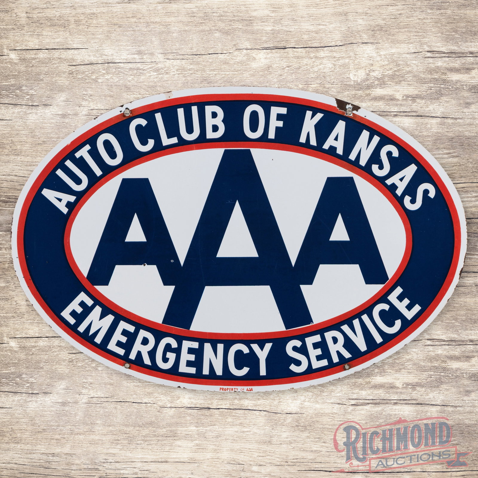 Triple A AAA Auto Club of Kansas Emergency Service 36" Double Sided Porcelain Sign: DSP (double sided porcelain) sign has very good color and gloss. Side #1 has light wear with tiny chips in the field and slight fading to the red porcelain enamel. The perimeter has chips at the upper