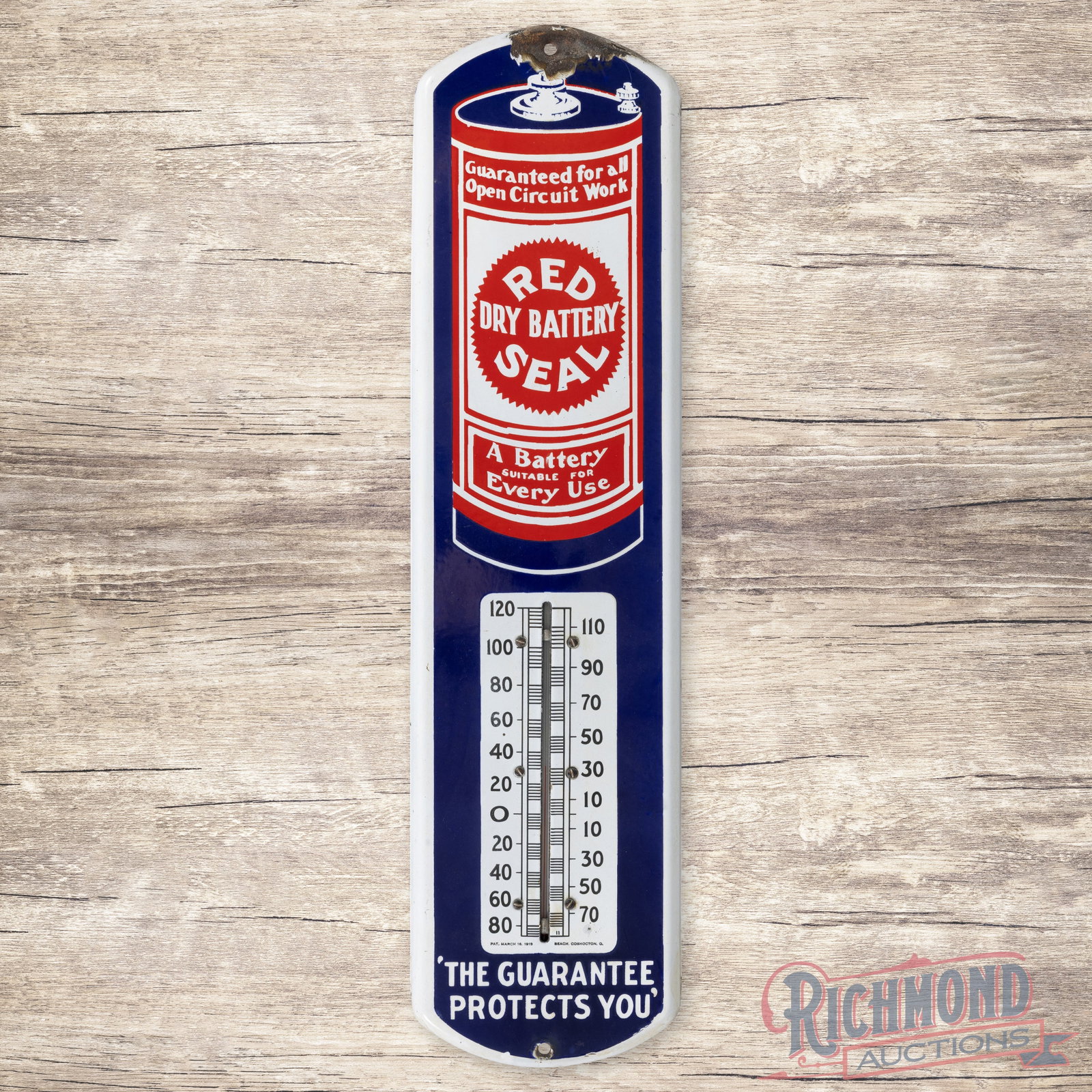 Red Seal Dry Battery 27" Single Sided Porcelain Thermometer: SSP (single sided porcelain) thermometer has very good color and gloss. A tube is present however it is larger than the factory tube. The display has minor wear with chips at the mounting holes. The o