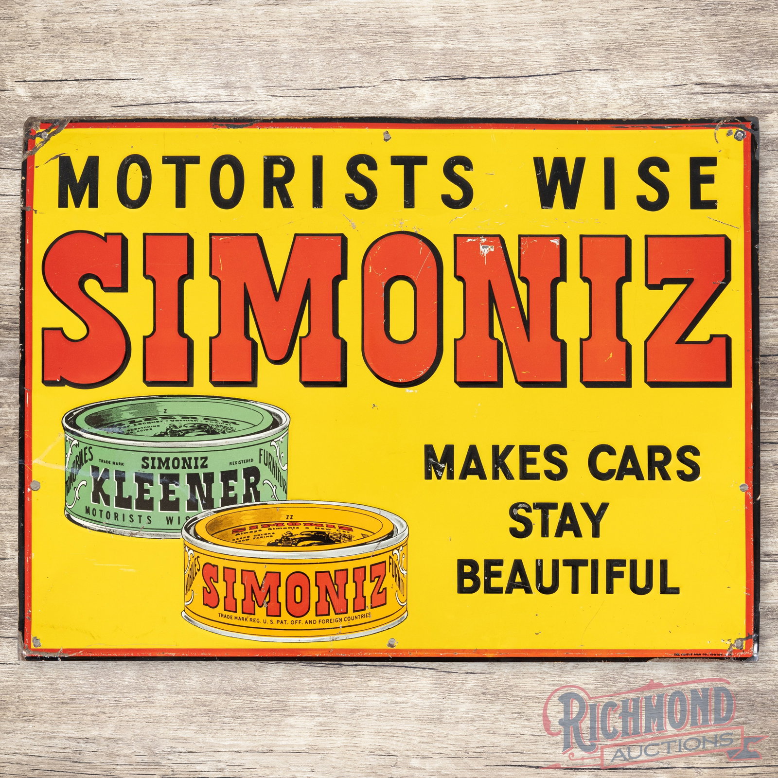 Rare Simoniz Makes Cars Stay Beautiful Emb. Single Sided Tin Sign w/ Cans: SST (single sided tin) embossed self-framed sign has very good color and shine. The display has fine scratches with scuffs and paint chips. The perimeter has edge wear with elongated side mount holes 