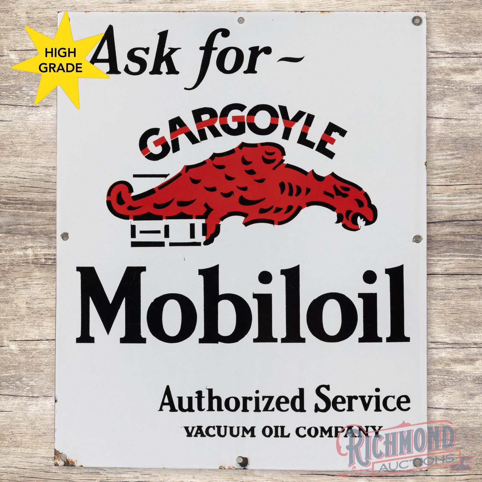 Ask for Gargoyle Mobiloil Vacuum Oil Company 24" Single Sided Porcelain Sign: SSP (single sided porcelain) sign has excellent color and gloss. The fields are clean with minor surface imperfections. The perimeter has a small chip at the lower center and the outer edges. Overall 