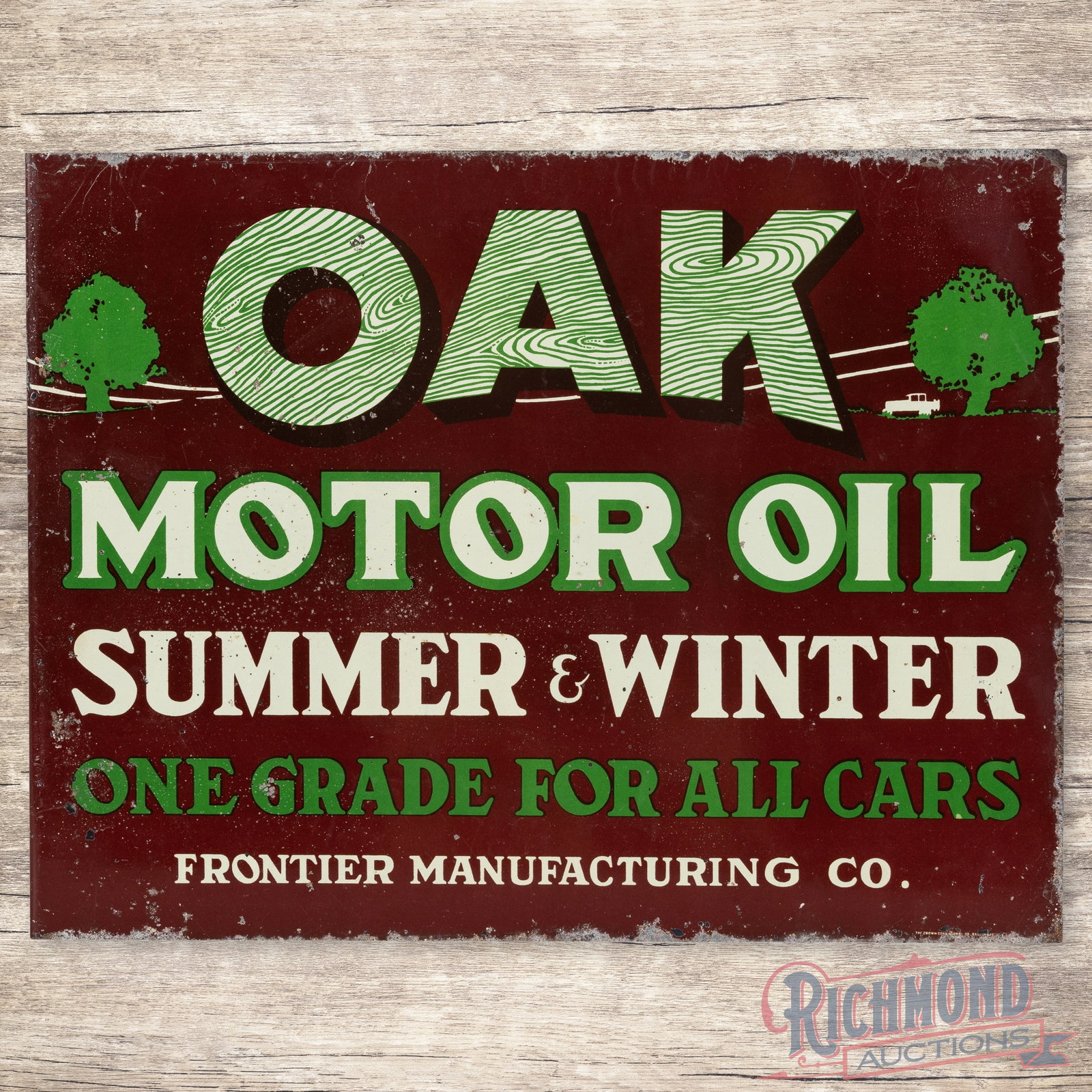 Oak Motor Oil Summer & Winter Frontier Mfg. Co. Double Sided Tin Flange Sign: DST (double sided tin) flange has good color and shine. The display has light wear with tiny paint chips in the fields. The perimeter has areas of oxidation and paint loss. The reverse has slightly mo