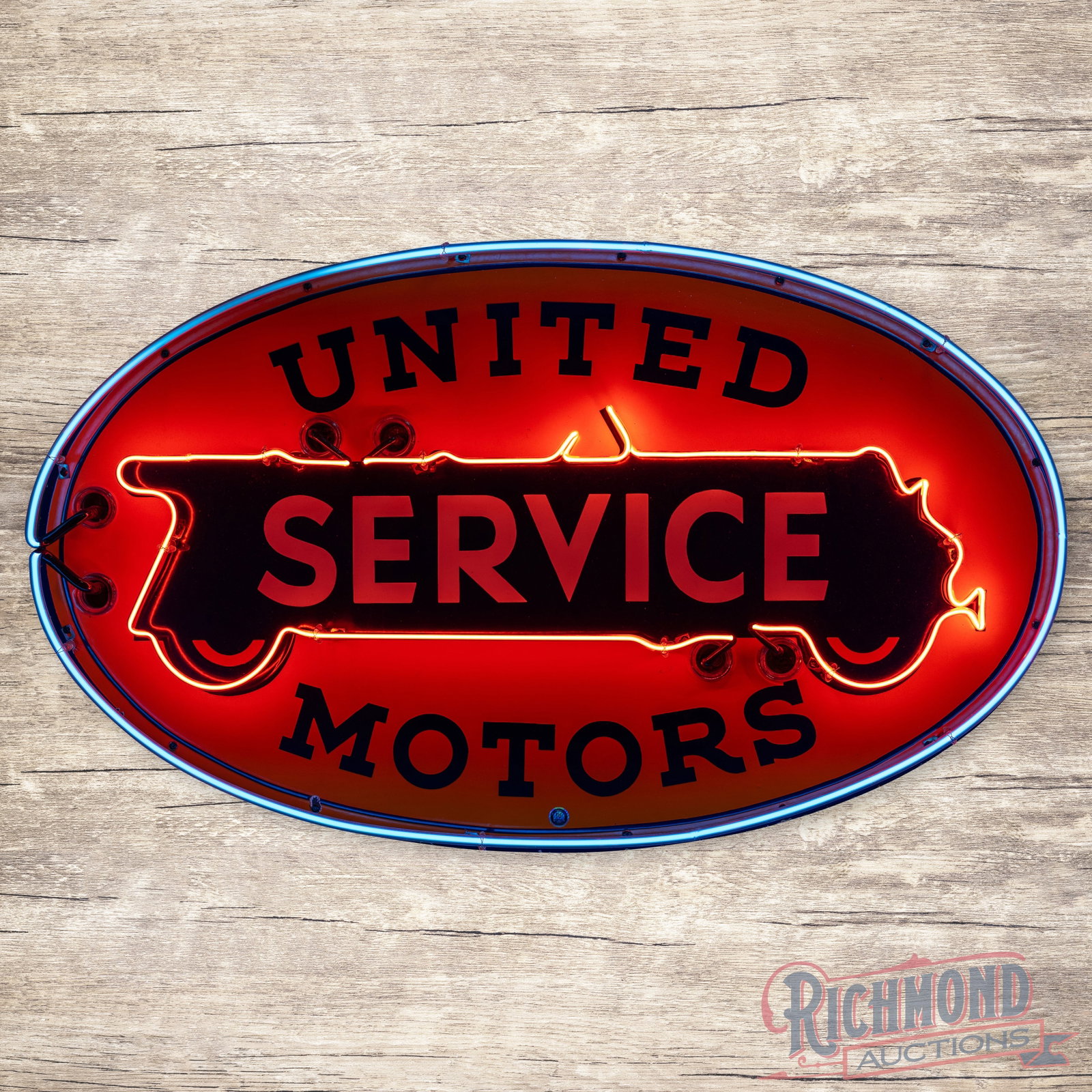 United Motors Service 4' Single Sided Porcelain Factory Neon Sign: SSP (single sided porcelain) factory neon sign with a new metal can has excellent color and gloss. The field is very clean overall, with a minor chip at a neon support in the left field. The perimeter