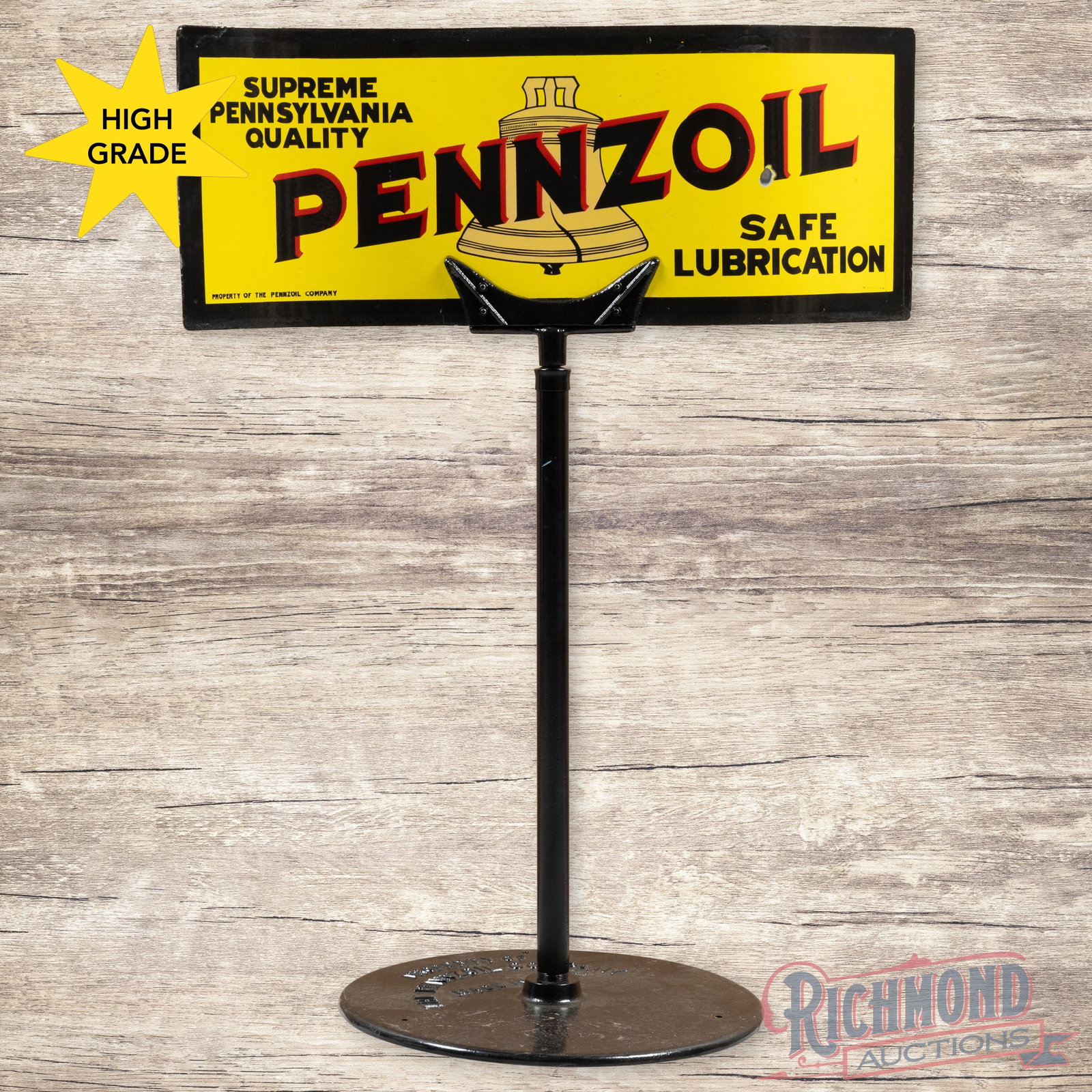 Scarce Pennzoil Safe Lubrication Curved Double Sided Porcelain Spinner Curb Sign w/ Brown Bell: DSP (double sided porcelain) curved spinner curb sign with a Pennzoil marked base has excellent color and gloss. The display is clean with minor bruises in the fields. The reverse has a chip in the ri