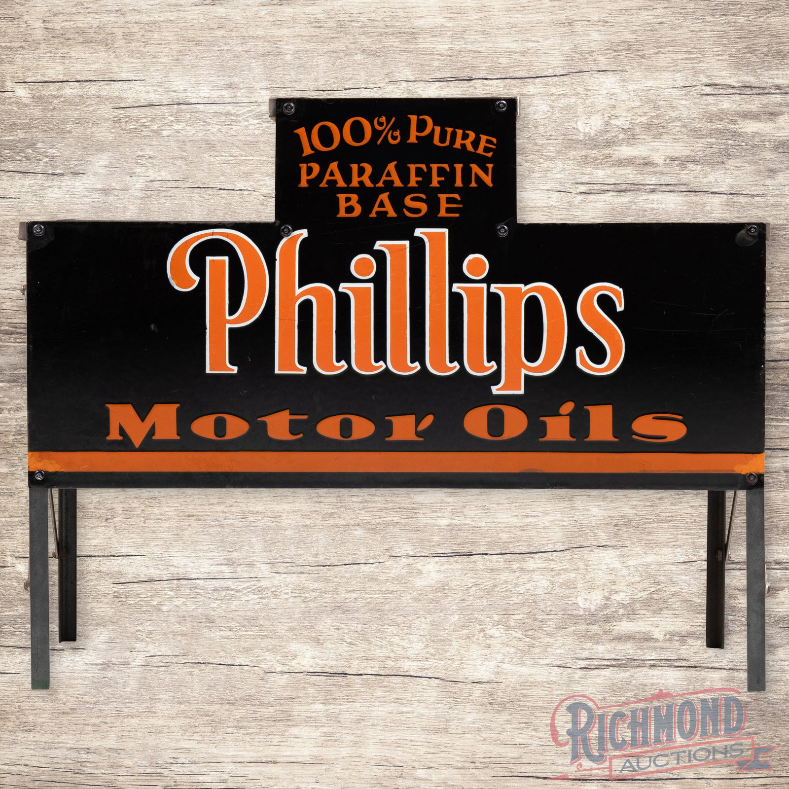 Phillips Motor Oil 100% Pure Paraffin Double Sided Porcelain Oil Bottle Display Rack: DSP (double sided porcelain) oil bottle display rack consists of two die cut SSP (single sided porcelain) signs with a metal frame and added diamond plate shelves. Side #1 has light wear in the field 