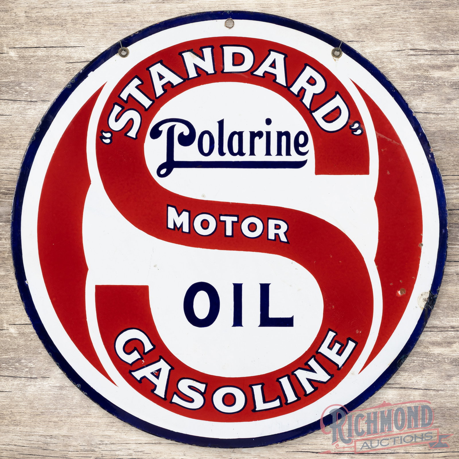 Standard Polarine Motor Oil Gasoline 30" Double Sided Porcelain Sign: DSP (double sided porcelain) sign has excellent color and gloss. Side #1 has light wear with minor chips in the fields. The perimeter has an added hole at 12 o'clock with another at the 3 o'clock edge