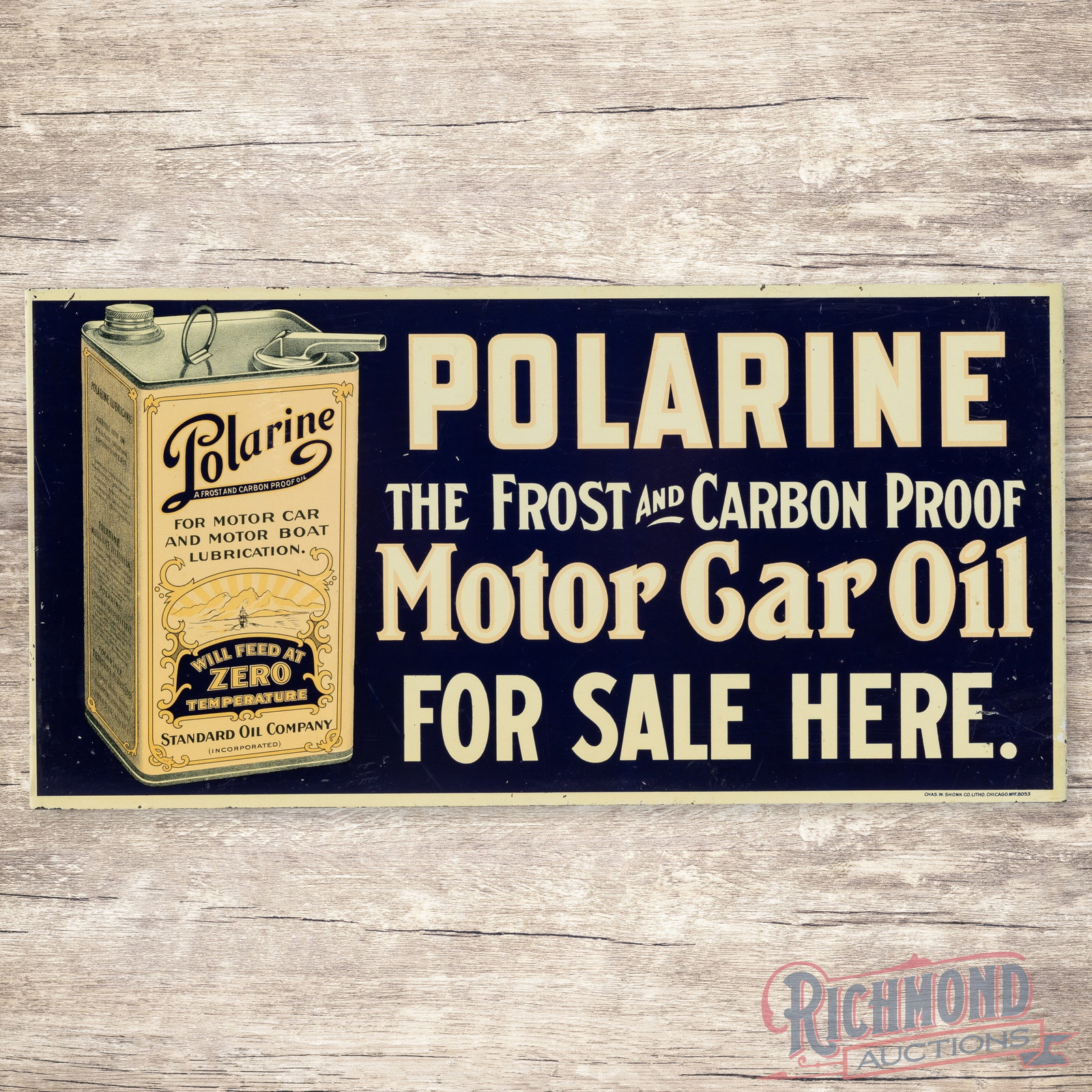 Polarine Motor Car Oil Standard Double Sided Tin Flange Sign w/ Early Can: DST (double sided tin) flange has excellent color and shine. The display has light wear with tiny nicks and small paint chips in the outer fields. The perimeter has tiny paint chips along the outer ed