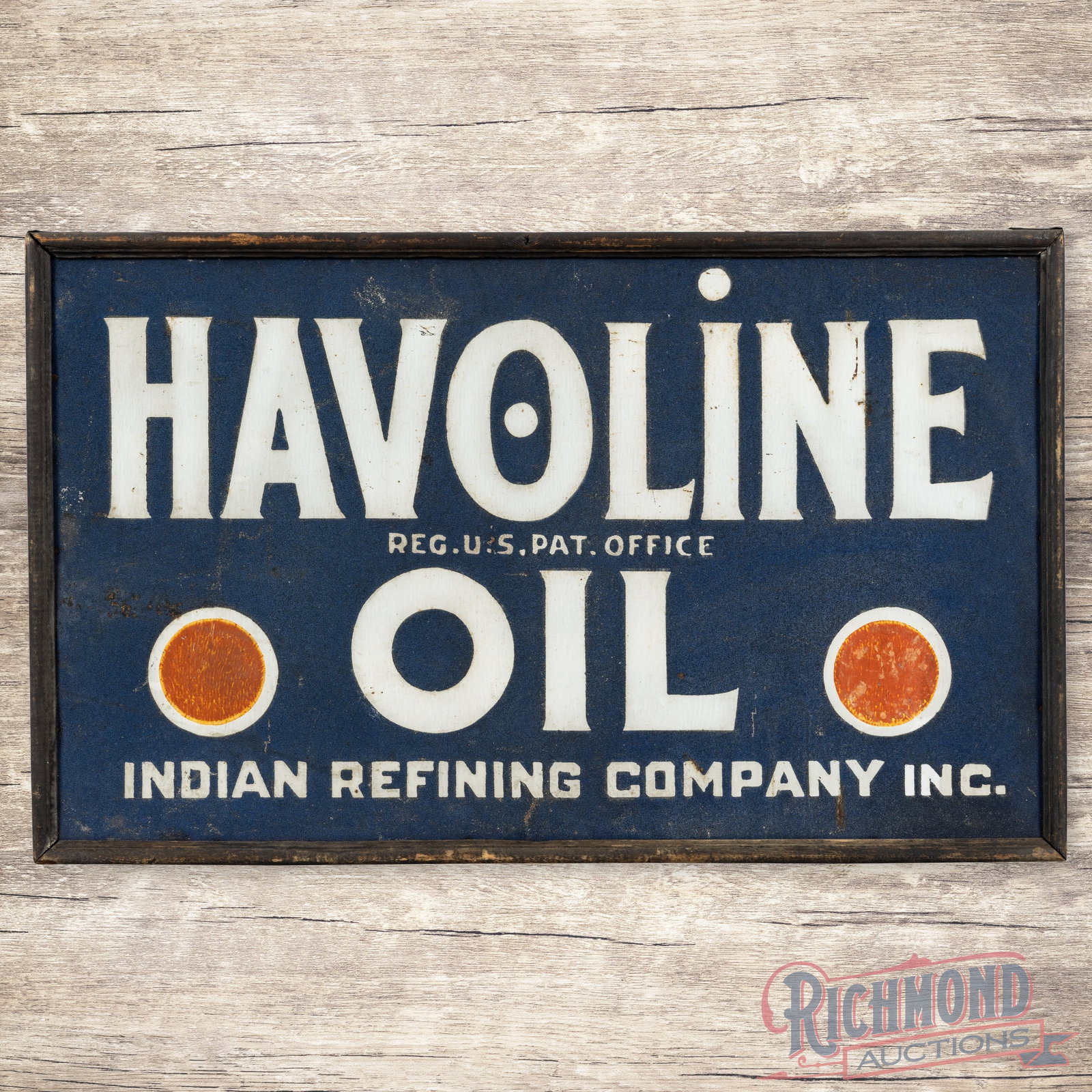 Rare Havoline Oil Indian Refining Company Inc. Single Sided Tin Smaltz Sign w/ Wooden Frame: SST (single sided tin) smaltz painted sign with the original wooden frame has very good color. The display has light wear with small paint chips and fine scratches in the lettering. The outer fields h