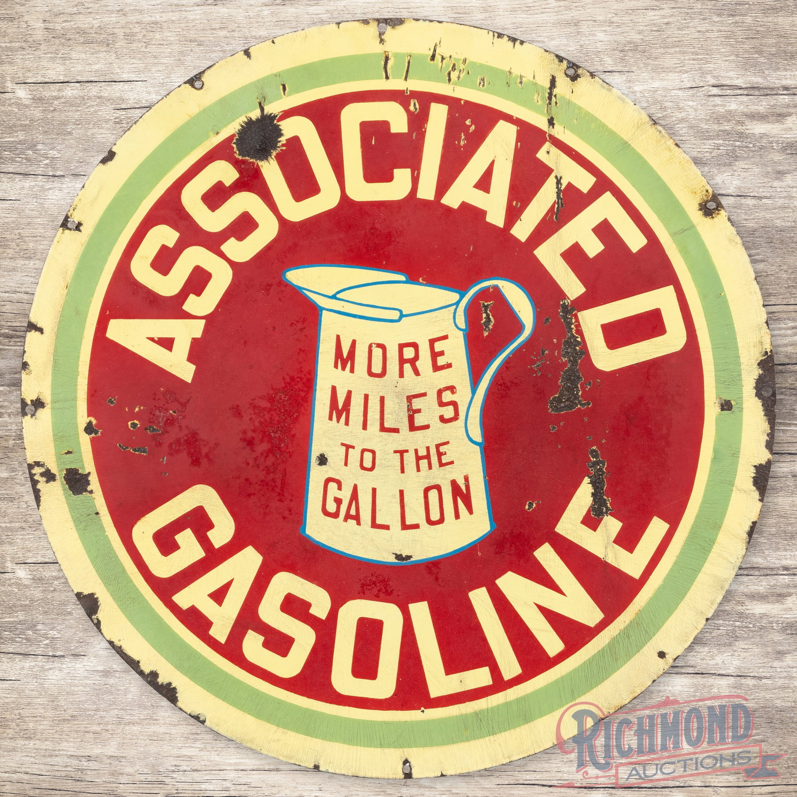 Associated Gasoline "More Miles to the Gallon" 27.5" Double Sided Porcelain Sign: DSP (double sided porcelain) sign has good color. Side #1 has general wear with chips and crazing in the fields and perimeter. The display has an added clear coat to enhance the finish. The reverse ha