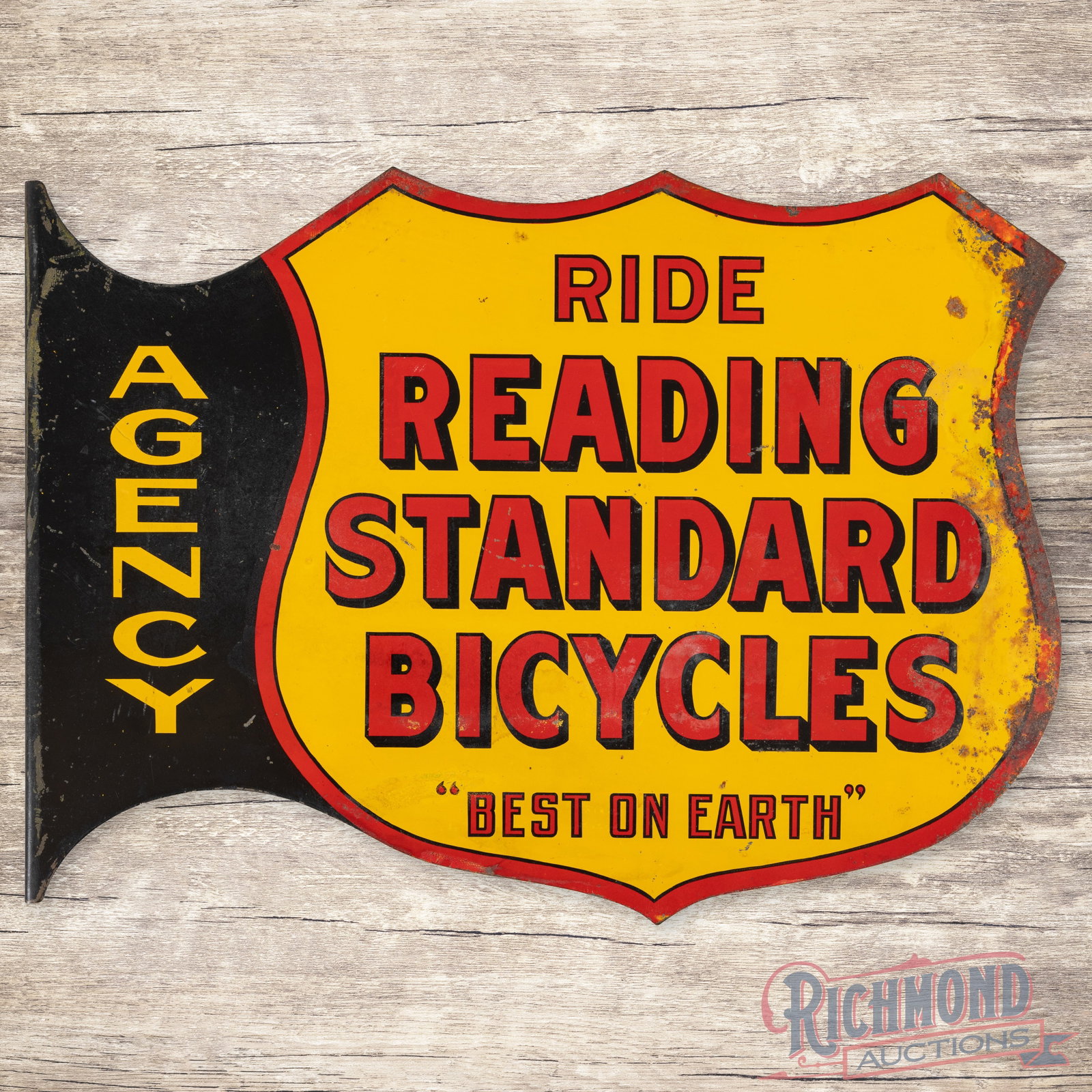 Rare Ride Reading Standard Bicycles "Best on Earth" Double Sided Tin Flange Sign: DST (double sided tin) die cut flange has very good color and shine. Side #1 has light wear throughout with small paint chips in the left field. The lower "Best on Earth" lettering has areas of discol