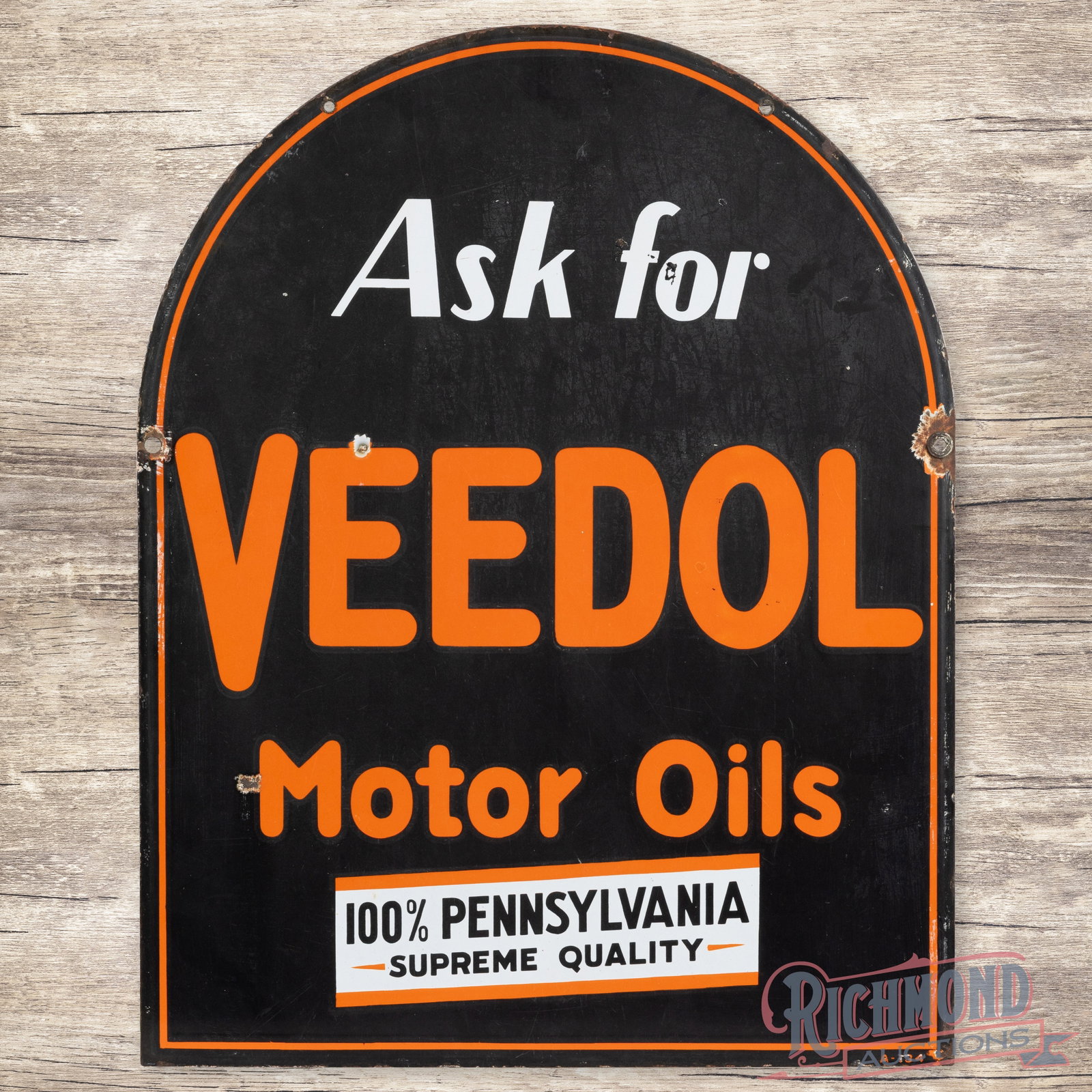 Ask for Veedol Motor Oils Double Sided Porcelain Tombstone Sign: DSP (double sided porcelain) tombstone sign has very good color and gloss. Side #1 has two chips in the right outer fields. The perimeter has chips at the left and right outer mount holes with a small
