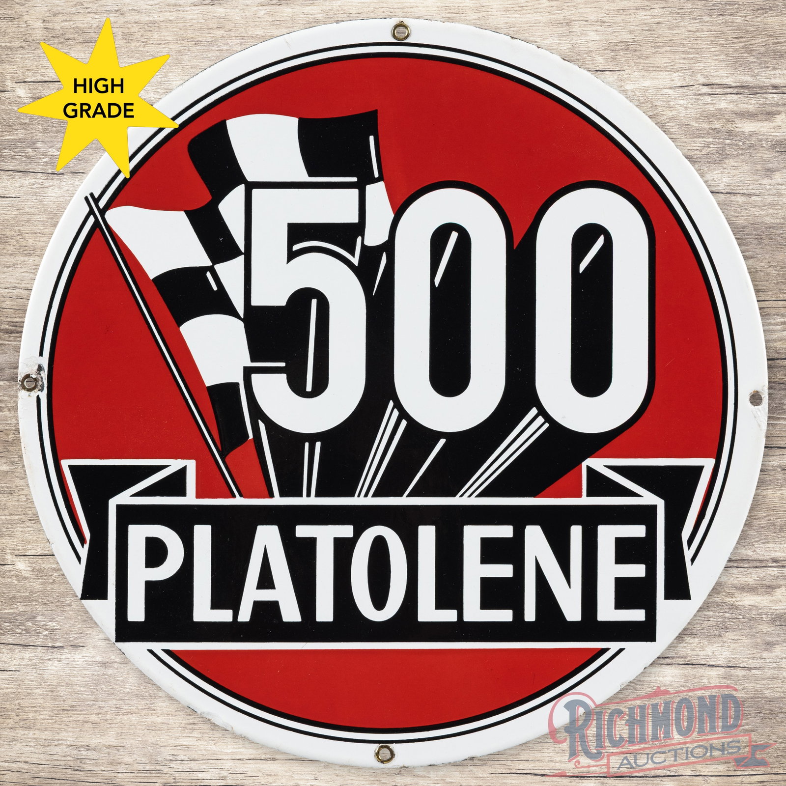 Scarce Platolene 500 Gasoline Single Sided Porcelain Pump Plate Sign: Amazing SSP (single sided porcelain) pump plate has excellent color and gloss. The field is clean and features a large Platolene logo with racing-inspired checkered flag graphics. The perimeter has sm