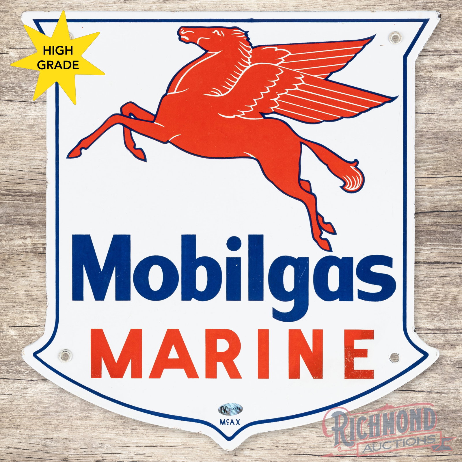 Mobilgas Marine Single Sided Porcelain Pump Plate Sign w/ Pegasus: Scarce SSP (single sided porcelain) pump sign has excellent color and gloss. The field is very clean overall with light surface wear to the "Mobilgas" lettering. The lower Marine lettering has areas o