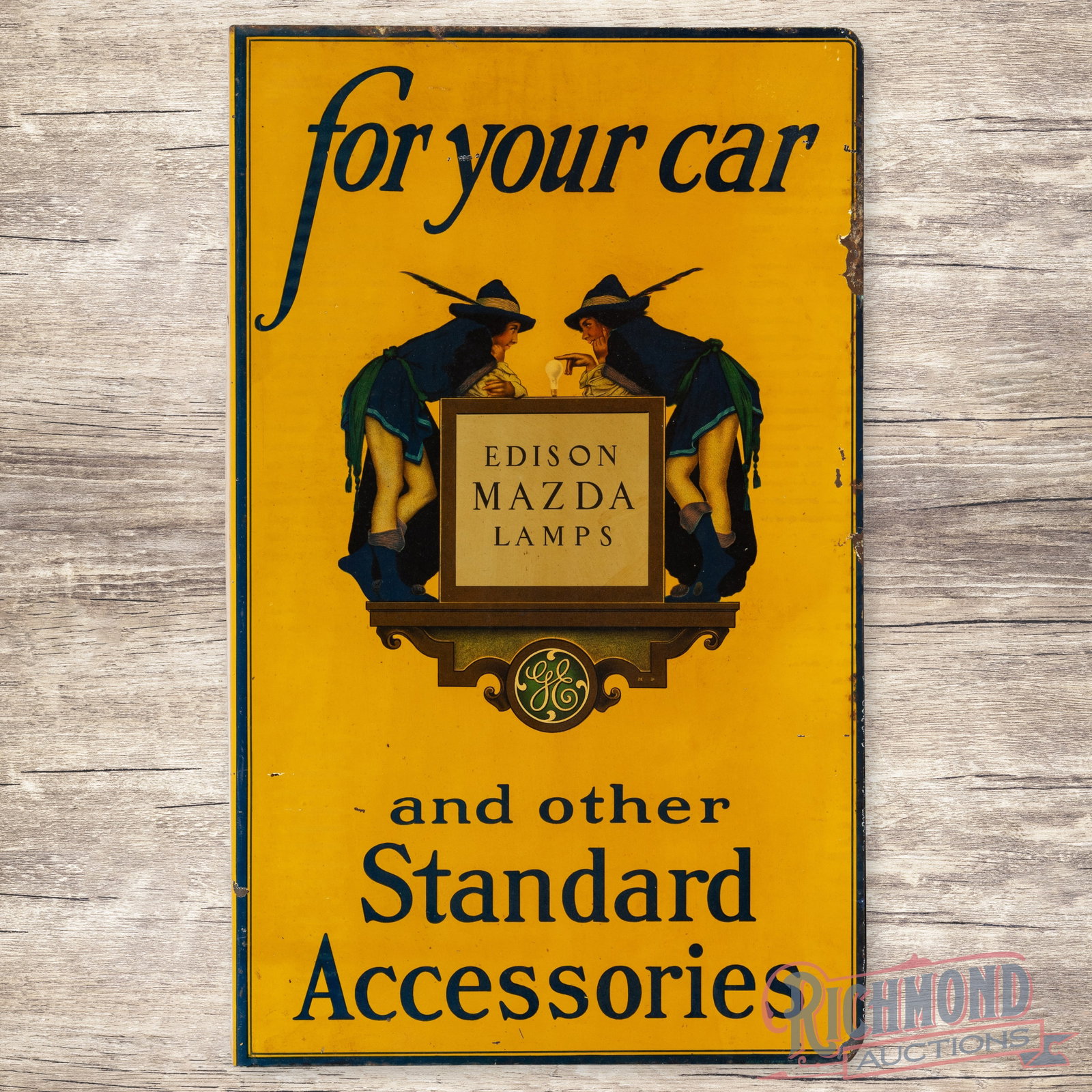 GE Edison Mazda Lamps for Your Car Double Sided Tin Flange Sign Maxwell Parrish (1 of 4)