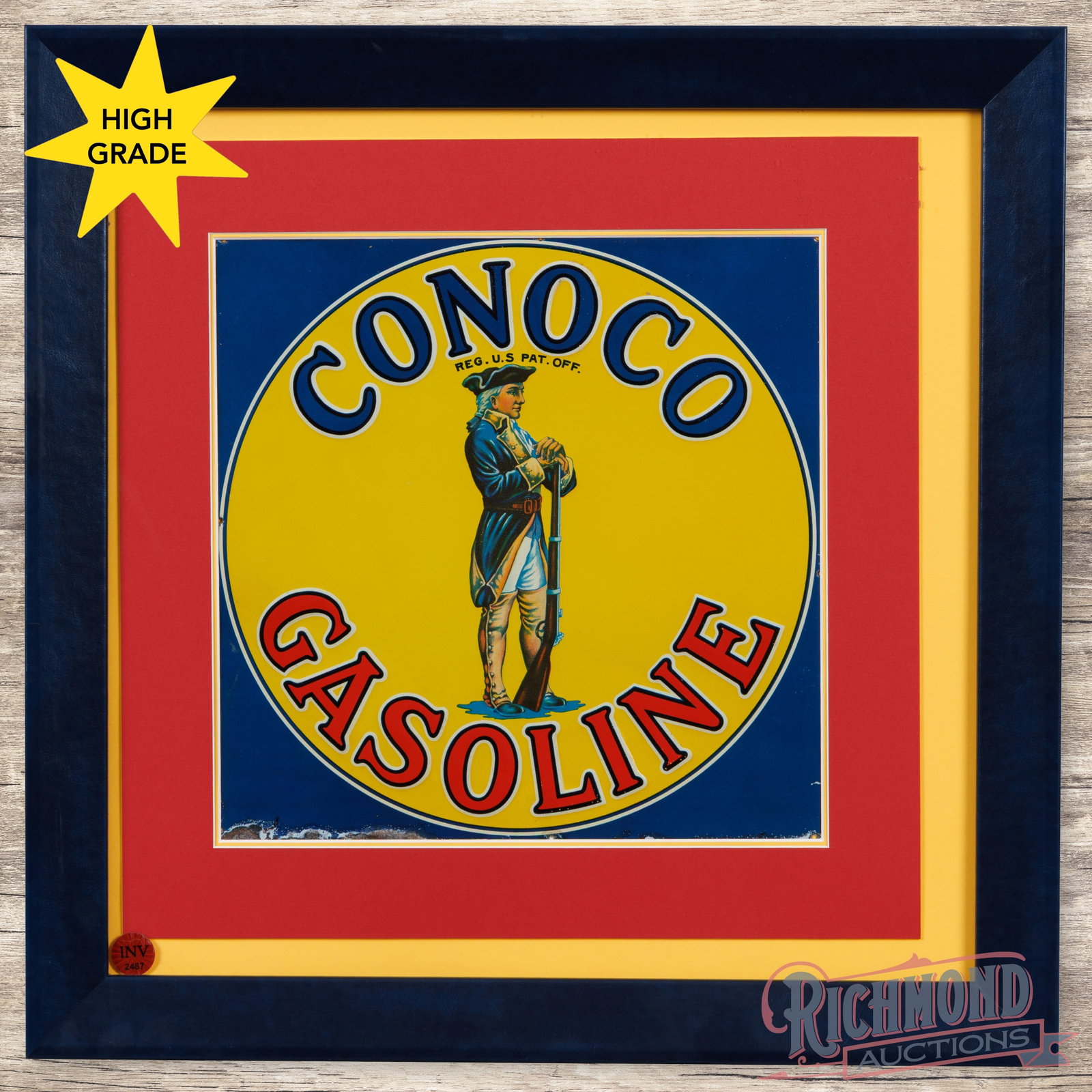 Amazing Conoco Gasoline Single Sided Tin Embossed Sign w/ Minuteman Framed: SST (single sided tin) embossed tacker sign has been professionally framed. The sign appears NOS (new old stock) with amazing color and shine. The field is clean and features a highly detailed soldier