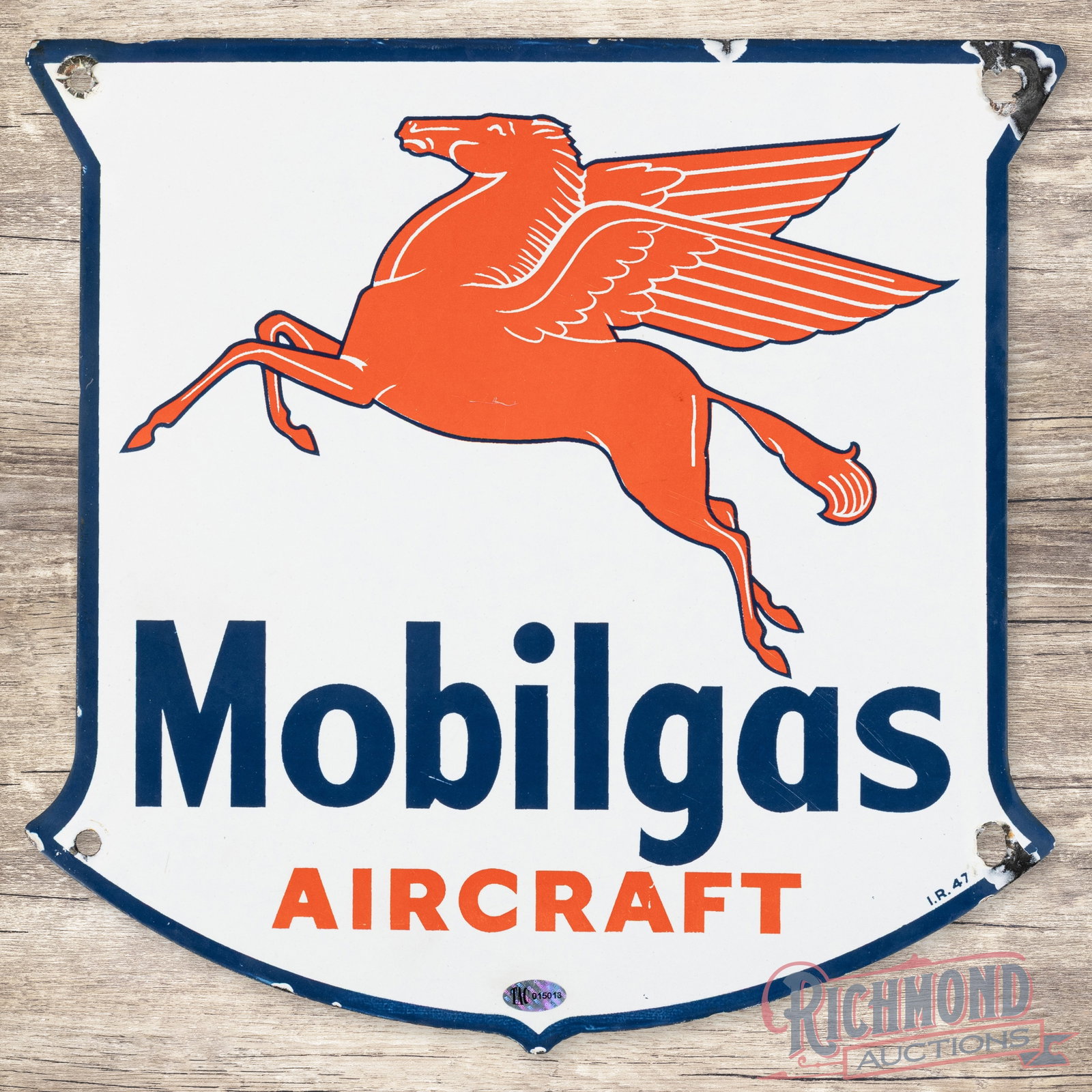 Mobilgas Aircraft Gasoline Single Sided Porcelain Pump Plate Sign w/ Pegasus: Hard to find SSP (single sided porcelain) sign has good color and lower gloss. The field has light wear. The perimeter has enlarged mounting holes on the right side with chips and wear along the edges