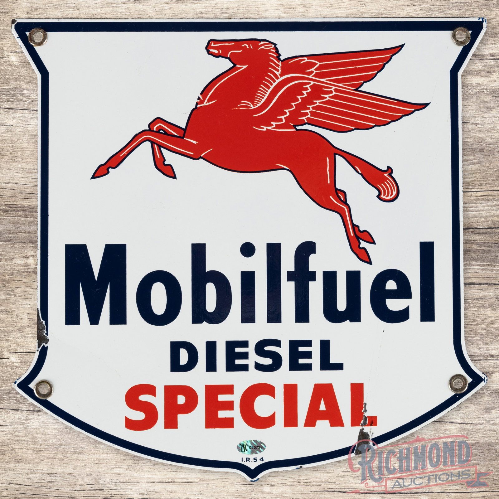 Rare 1954 Mobilfuel Diesel Special Single Sided Porcelain Pump Plate Sign: SSP (single sided porcelain) pump plate has excellent color and gloss. The field is clean. The lower outer field has a chip on the "L" of Special, a slight bend on the lower left edge and chips along 