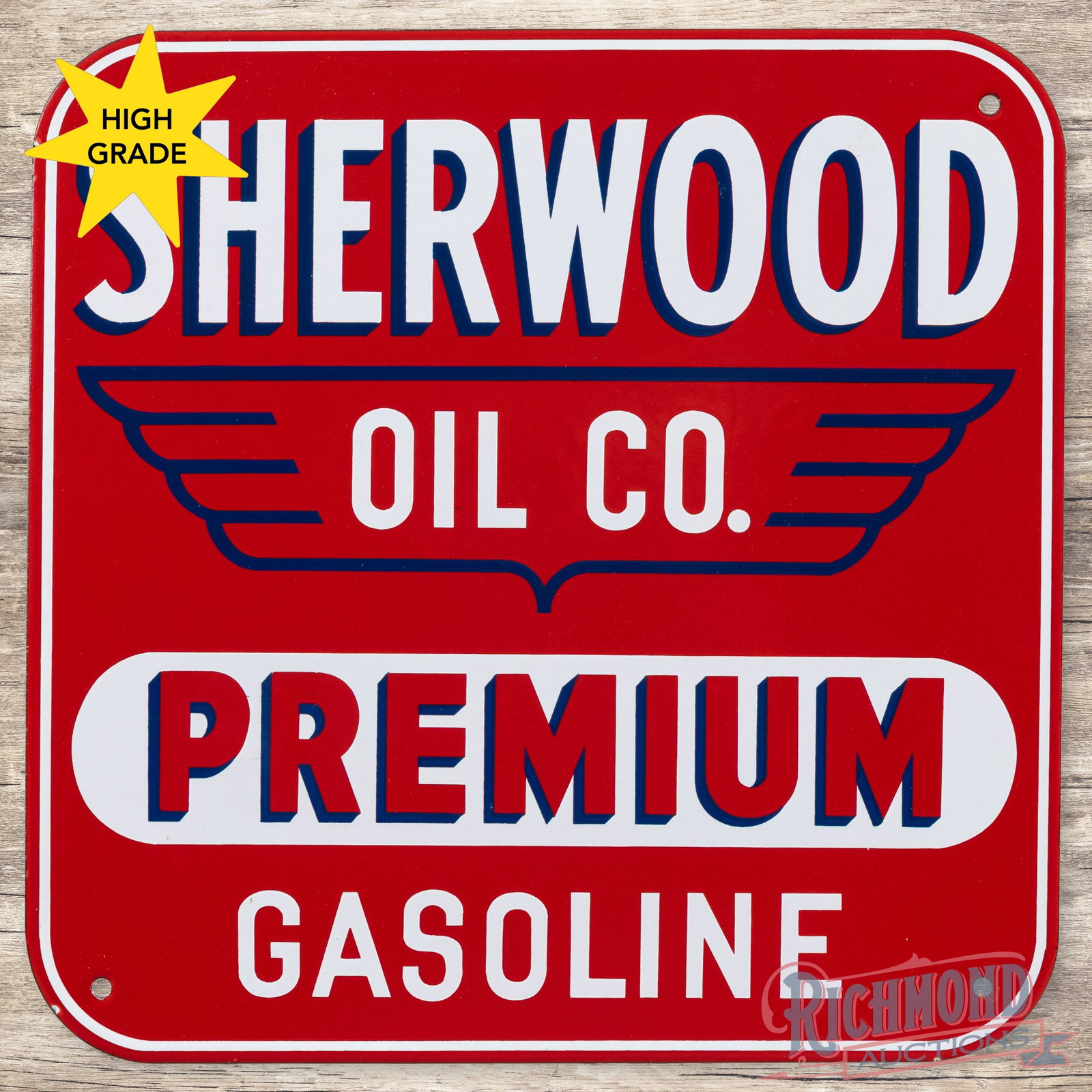 Sherwood Oil Co. Premium Gasoline Single Sided Porcelain Pump Plate Sign: SSP (single sided porcelain) pump sign has excellent color and gloss. The fields and perimeter are exceptionally clean with a few tiny flea bites along the outer edges. Overall a superb example. 12" H