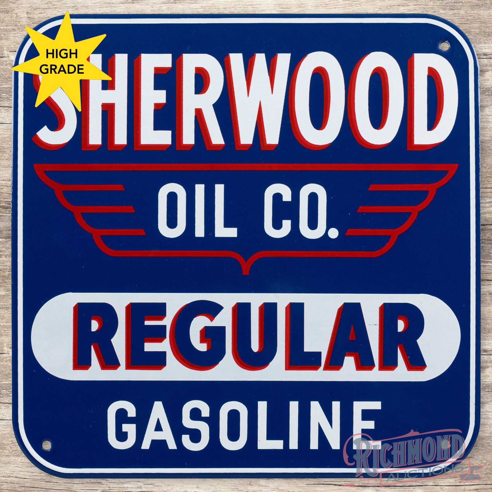 Sherwood Oil Co. Regular Gasoline Single Sided Porcelain Pump Plate Sign: SSP (single sided porcelain) pump sign has outstanding color and gloss. The field and perimeter are exceptionally clean with a few minor surface imperfections. All in all a scarce pump sign with stron
