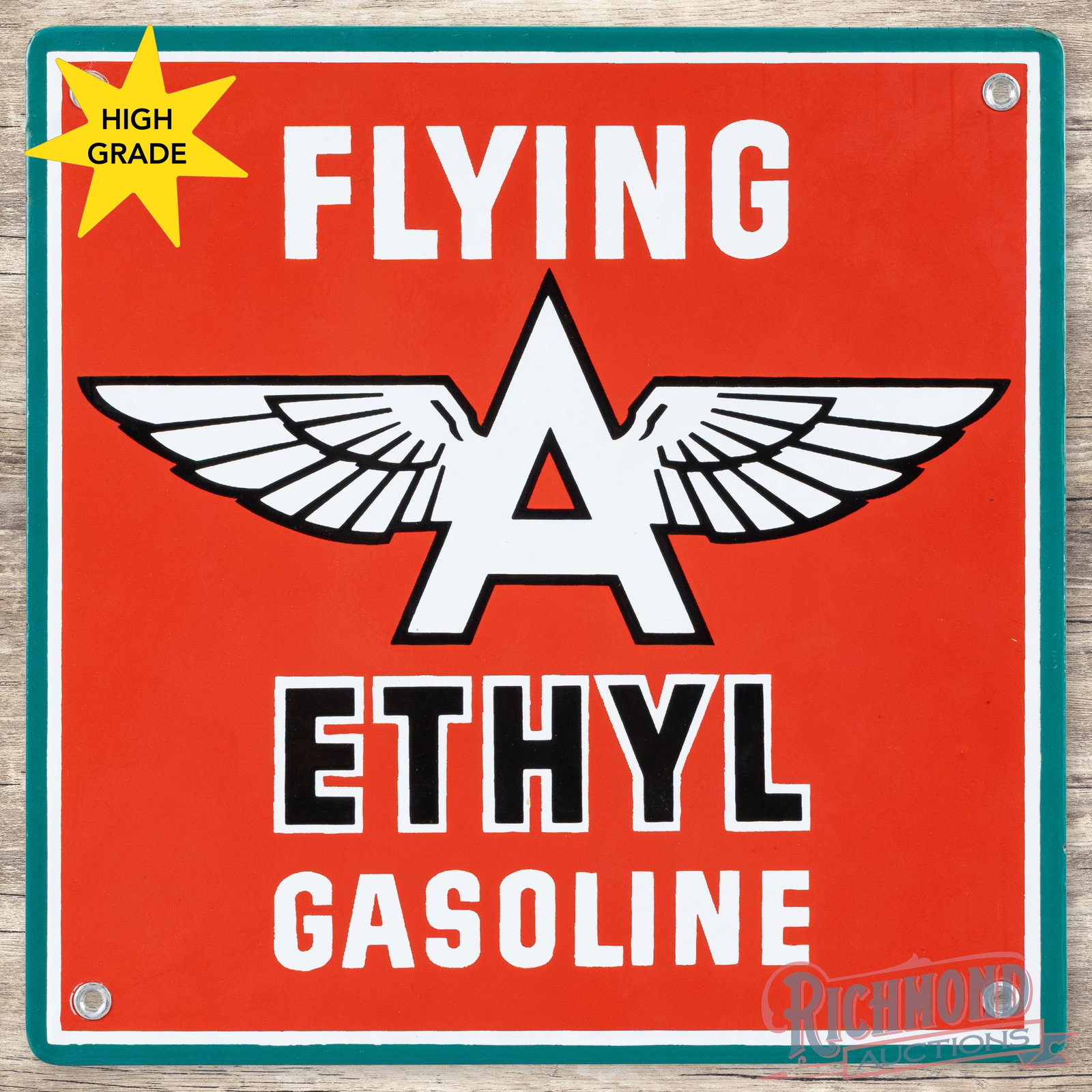 Flying A Ethyl Gasoline Single Sided Porcelain Pump Plate Sign w/ Logo (1 of 3)