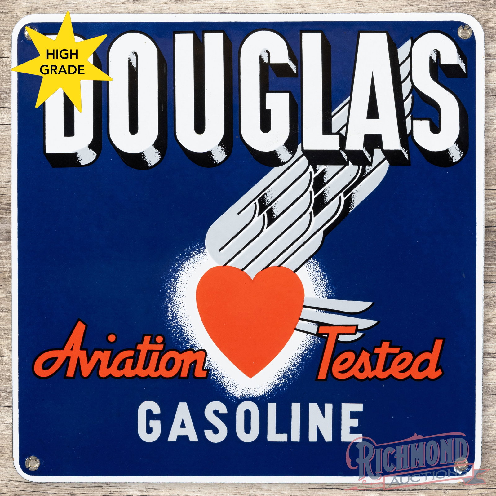 Douglas Aviation Tested Gasoline Single Sided Porcelain Pump Plate Sign w/ Logo: SSP (single sided porcelain) pump plate sign has outstanding color and gloss. The fields are clean. The perimeter has a tiny chip at the lower right hand mounting hole. All four factory grommets are p