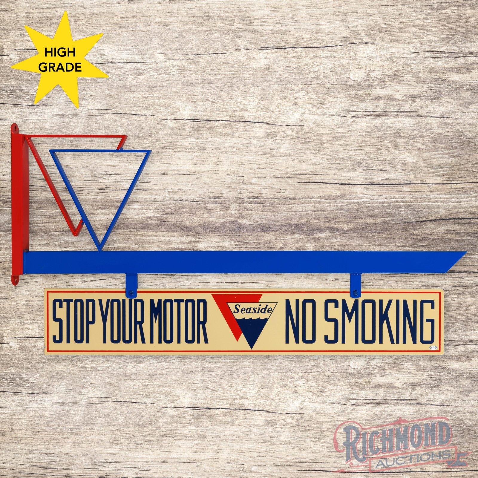 Seaside Gasoline Stop Your Motor No Smoking 36" Double Sided Porcelain Sign w/ Custom Bracket: DSP (double sided porcelain) sign with an added custom Seaside logo bracket has day one color and gloss. The display has a clean field with a few tiny chips along the outer edges. The reverse is in a 