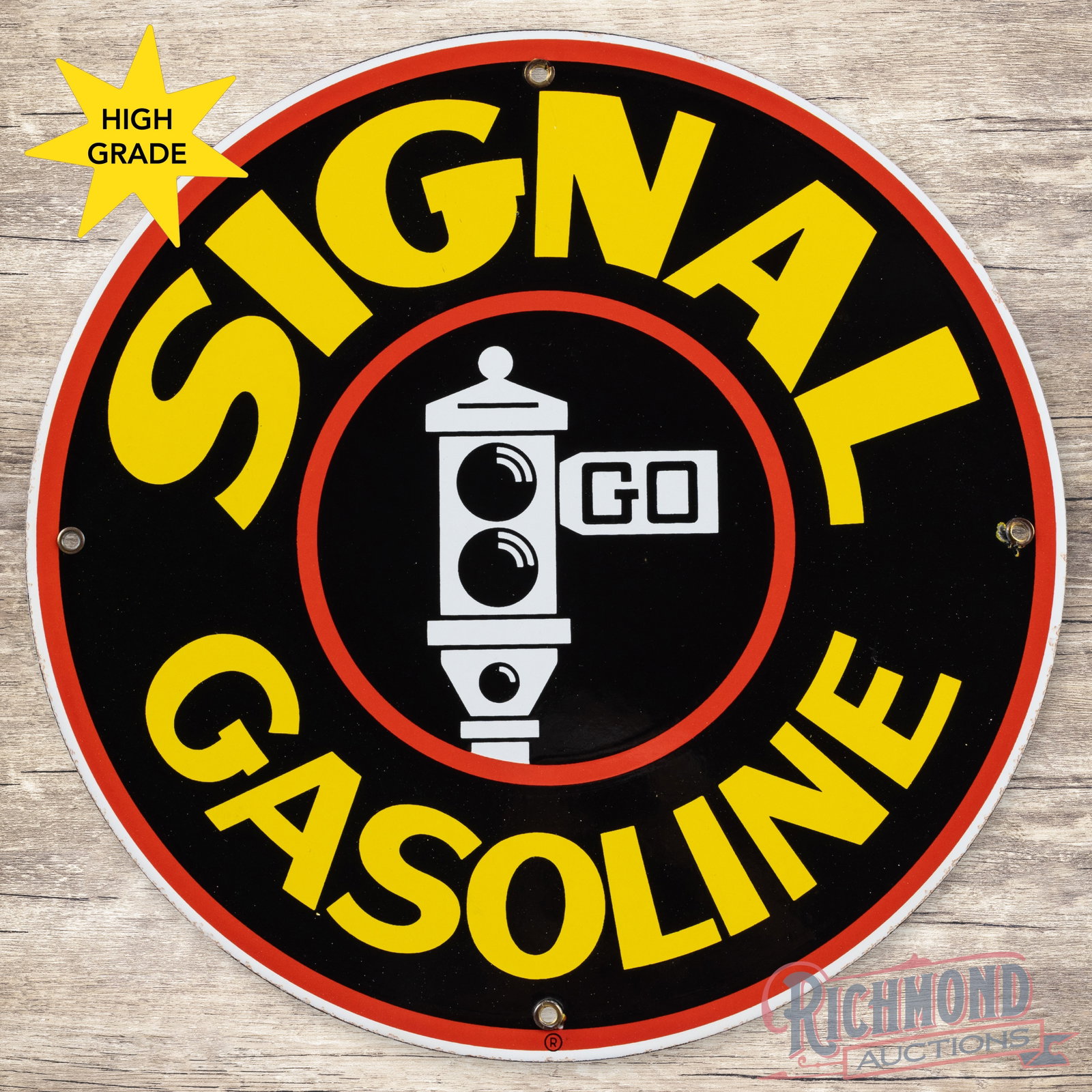 Signal Gasoline Single Sided Porcelain Pump Plate Sign "Black Stoplight" Logo: SSP (single sided porcelain) pump plate has outstanding color and gloss. The field is clean. The perimeter has a tiny chip at the right hand mounting hole. All four factory grommets are present. Overa
