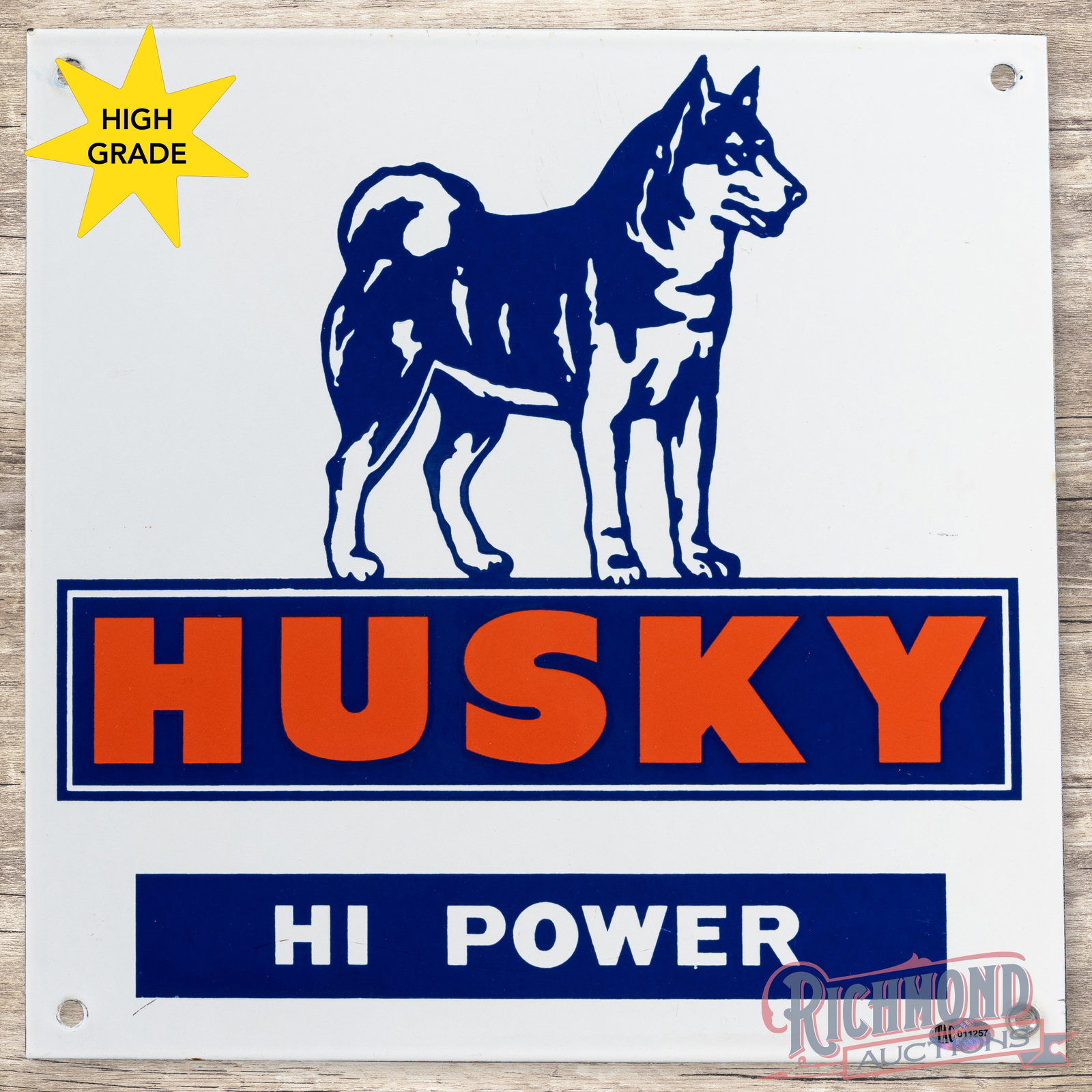 Husky Hi Power Single Sided Porcelain Pump Plate Sign: SSP (single sided porcelain) pump plate has excellent color and gloss. The field is very clean overall with minor surface imperfections. The perimeter has a tiny flea bite on the upper left corner. Ov