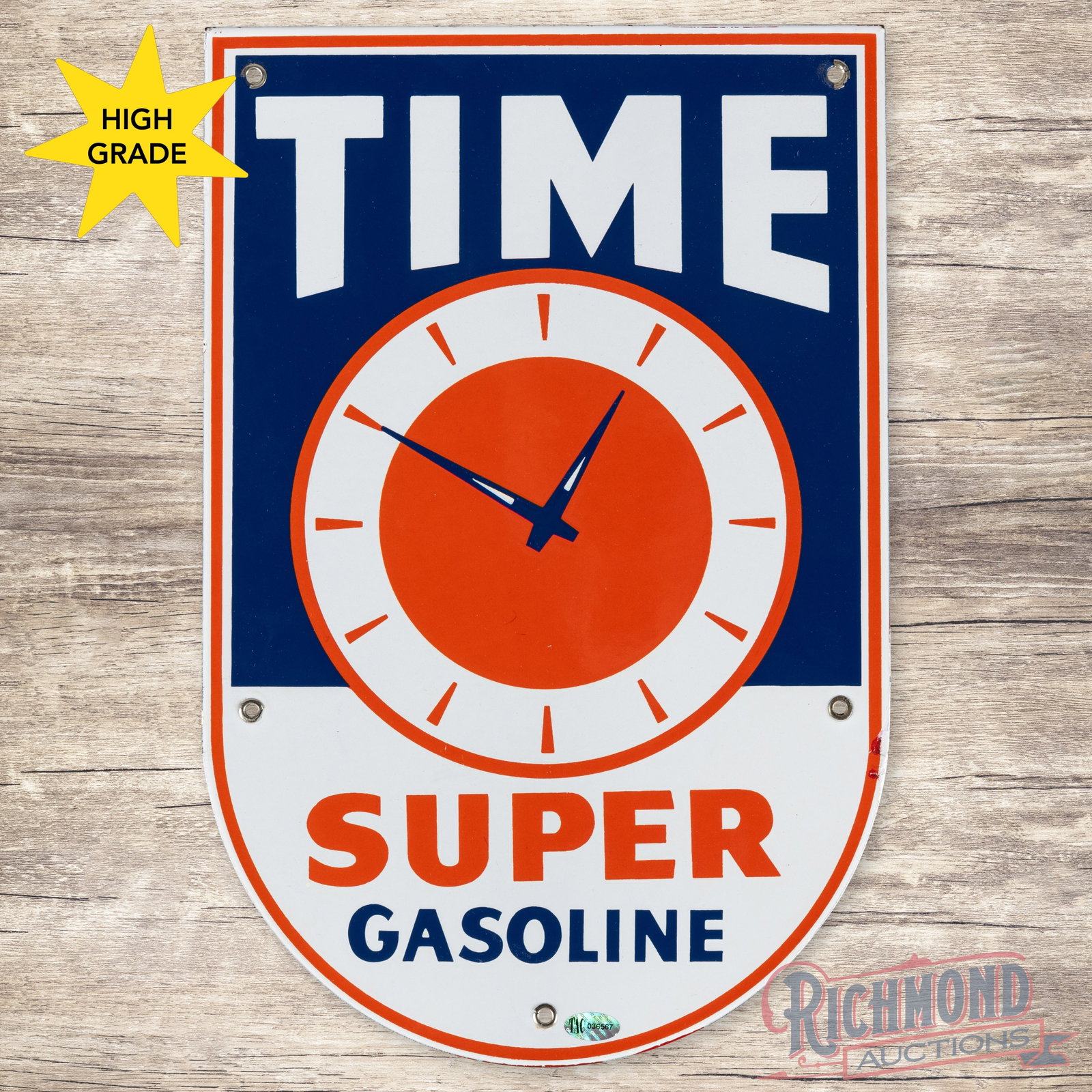 Time Super Gasoline Single Sided Porcelain Pump Plate Sign: SSP (single sided porcelain) pump plate has excellent color and gloss. The field is clean. The perimeter has minor color-matched chips along the outer edges. All five factory grommets are present with