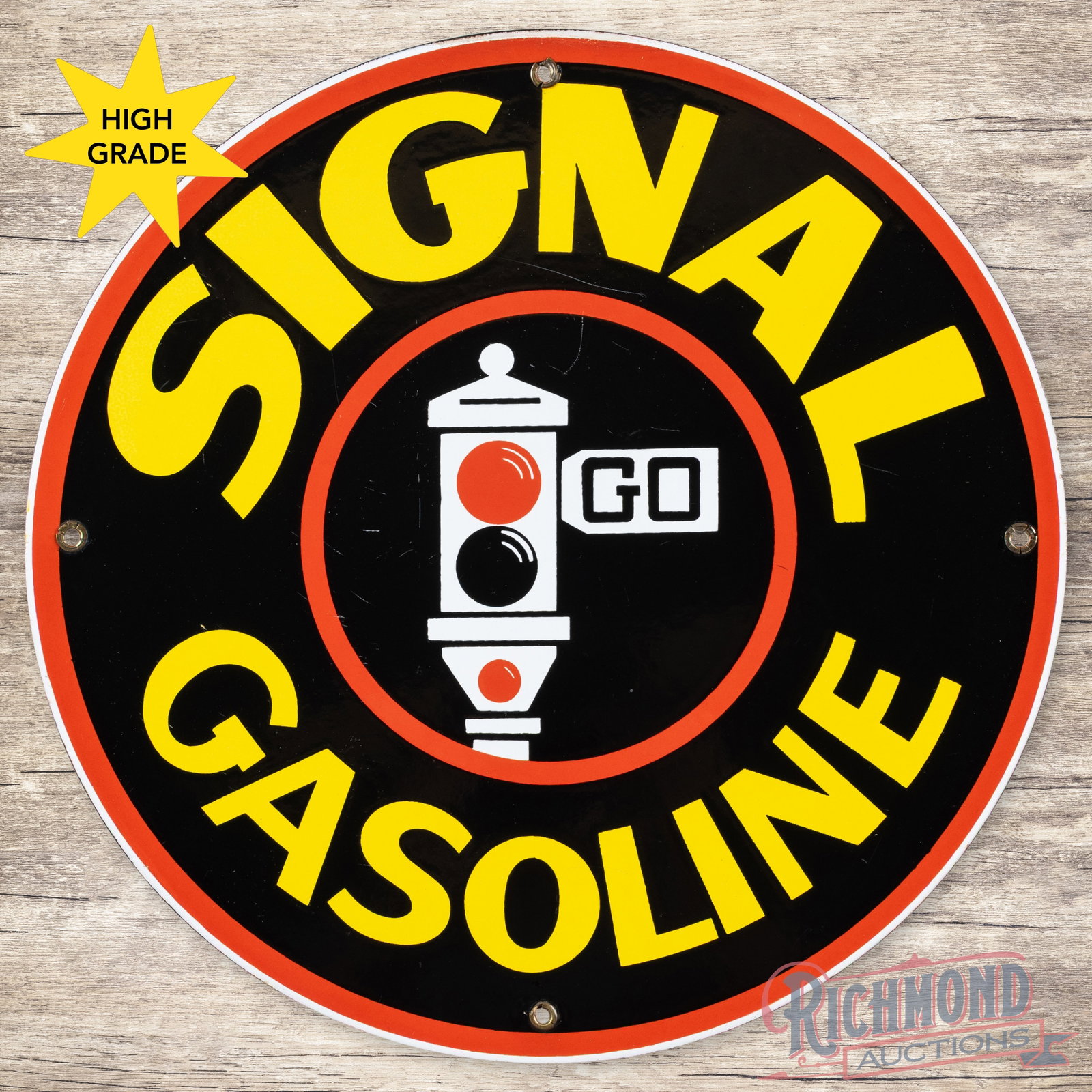 Signal Gasoline Single Sided Porcelain Pump Plate sign "Stoplight Logo": SSP (single sided porcelain) pump plate has excellent color and gloss. The field has small fine scratches with a tiny nick in the left outer field. The perimeter has a few tiny flea bites along the ou