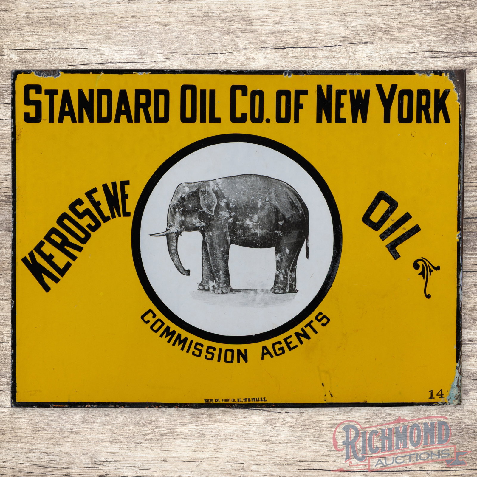 Standard Oil Co. of New York Double Sided Porcelain Flange Sign w/ Elephant: DSP (double sided porcelain) flange has excellent color and gloss. Side #1 has light wear with discoloration to the elephant lithograph. The perimeter has small chips along the perimeter. The reverse 