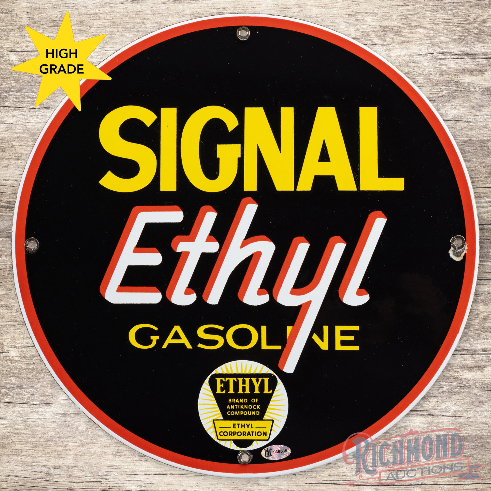 Signal Ethyl Gasoline Single Sided Porcelain Pump Plate Sign: SSP (single sided porcelain) pump plate has outstanding color and gloss. The field is very clean overall with faint fine scratches in the right fields. The perimeter has a small chip at the right hand
