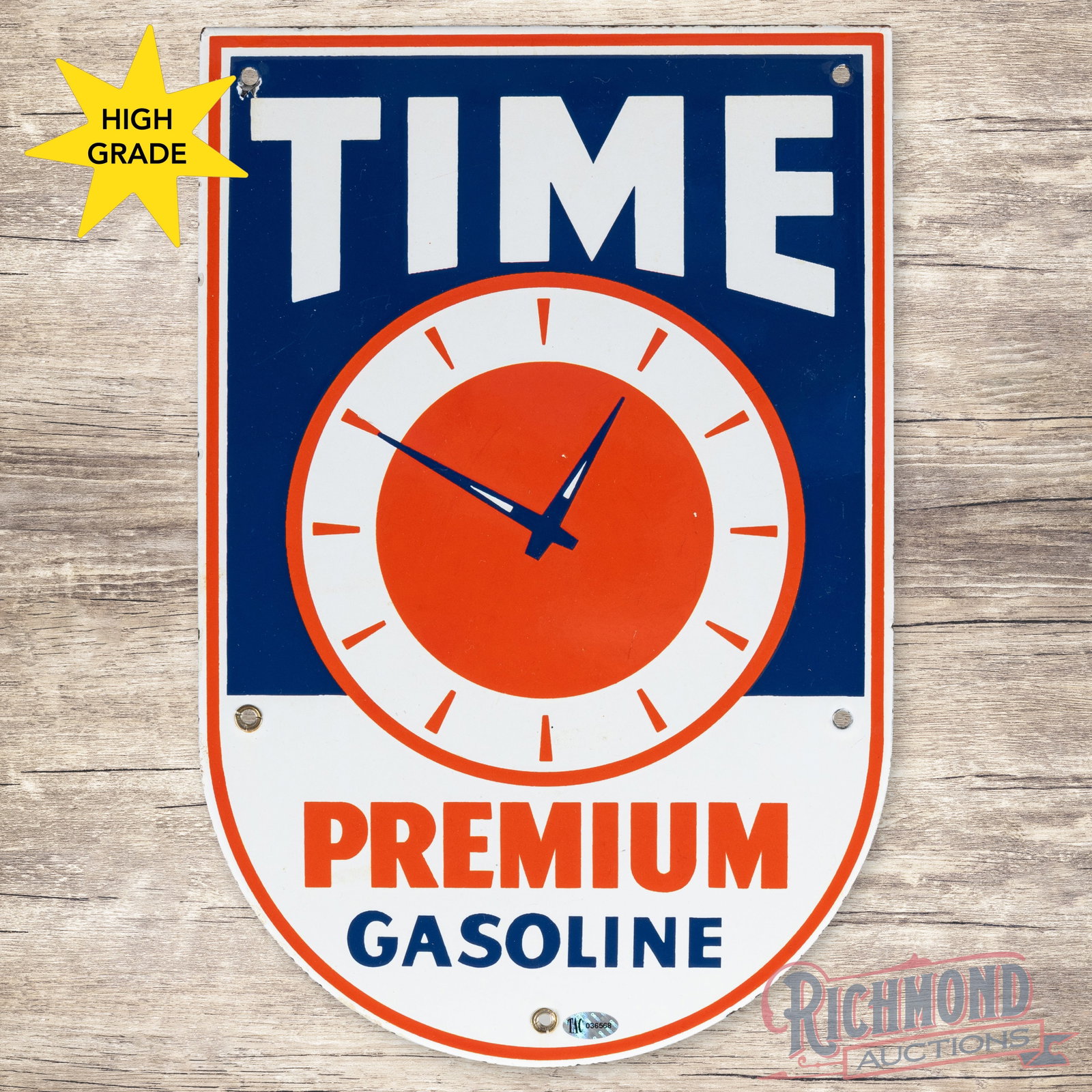 Time Premium Gasoline Single Sided Porcelain Pump Plate Sign: SSP (single sided porcelain) pump plate has excellent color and gloss. The field is very clean overall, showing light surface wear and two tiny nicks in the logo. The perimeter has a small chip at the