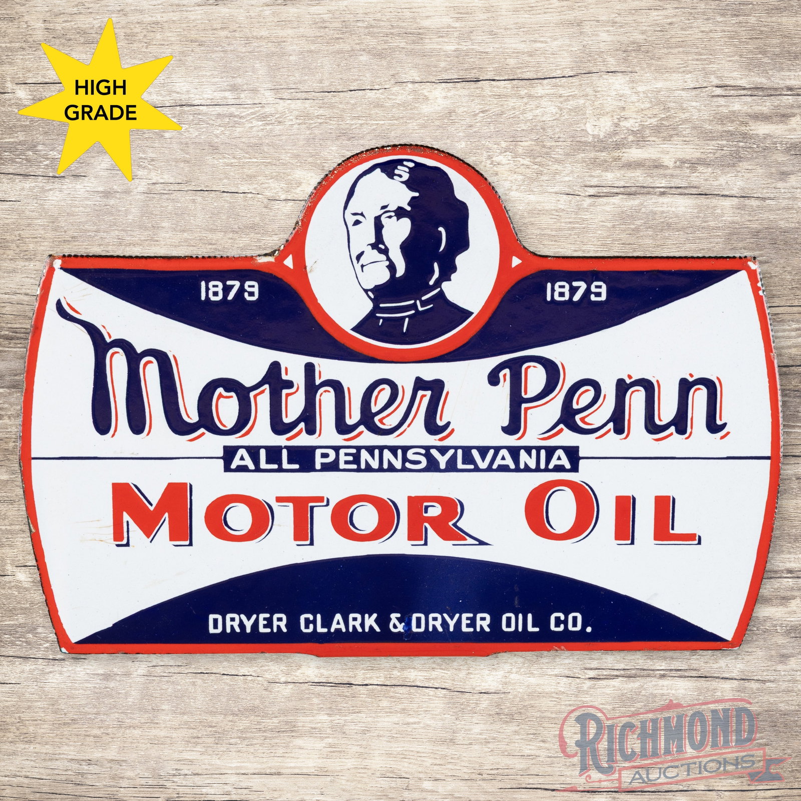 Mother Penn Motor Oil Double Sided Porcelain Paddle Sign w/ Logo: DSP (double sided porcelain) die cut paddle sign has excellent color and gloss. The display has a clean field with minor edge wear. The reverse is in a similar condition with a small area of crazing i