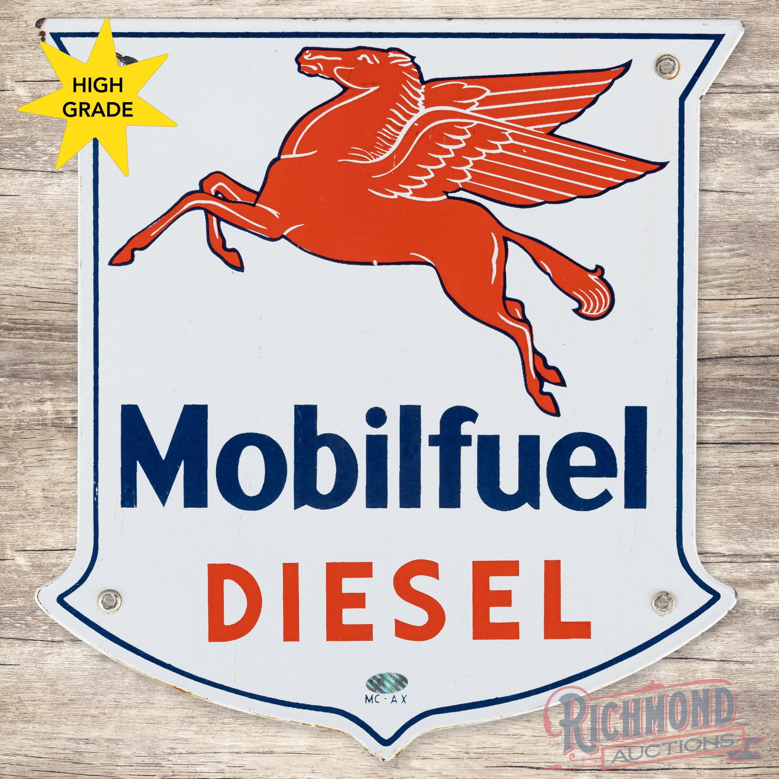 Mobilfuel Diesel Single Sided Porcelain Pump Plate Sign w/ Pegasus: SSP (single sided porcelain) pump plate has excellent color and gloss. The field has light wear with a tiny flea bite on the lower edge of the Pegasus graphic. The perimeter has a chip at the upper le