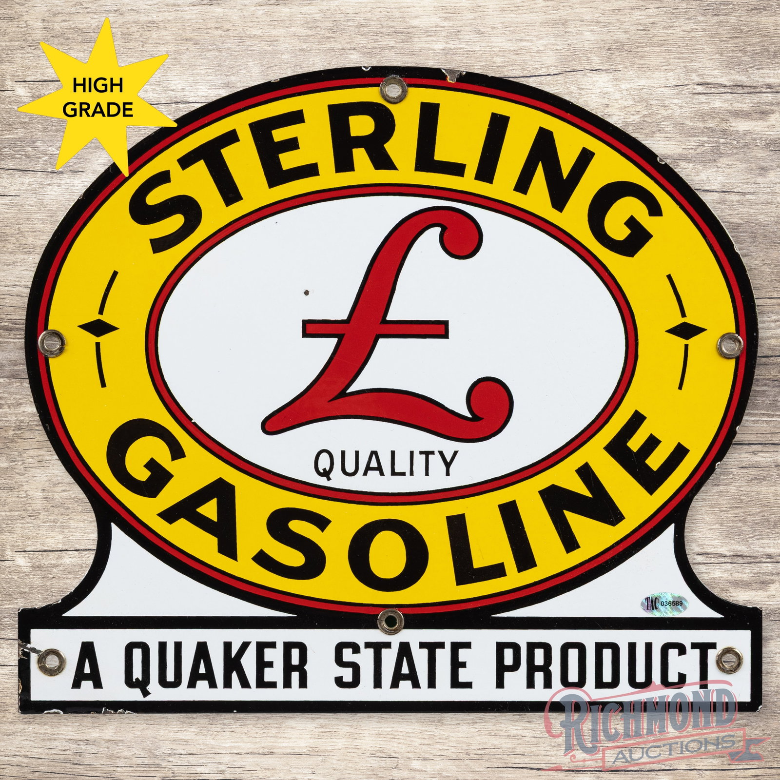 Sterling "L" Quality Gasoline A Quaker State Product Single Sided Porcelain Pump Plate sign: SSP (single sided porcelain) die cut pump plate has excellent color and gloss. The field is very clean overall with a flea bite in the left field. The perimeter has tiny chips along the outer edges. A