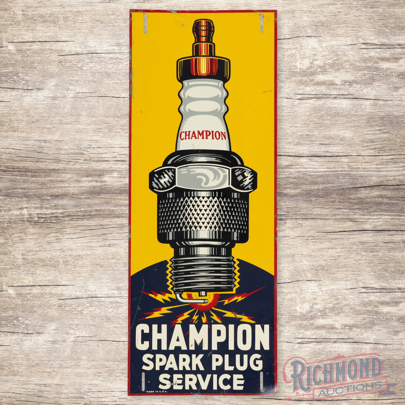 Champion Spark Plug Service Single Sided Tin Sign: SST (single sided tin) sign has very good color and shine. The display has small paint chips, fine scratches and dings in the fields. The perimeter has bends with paint chips and errant green paint al