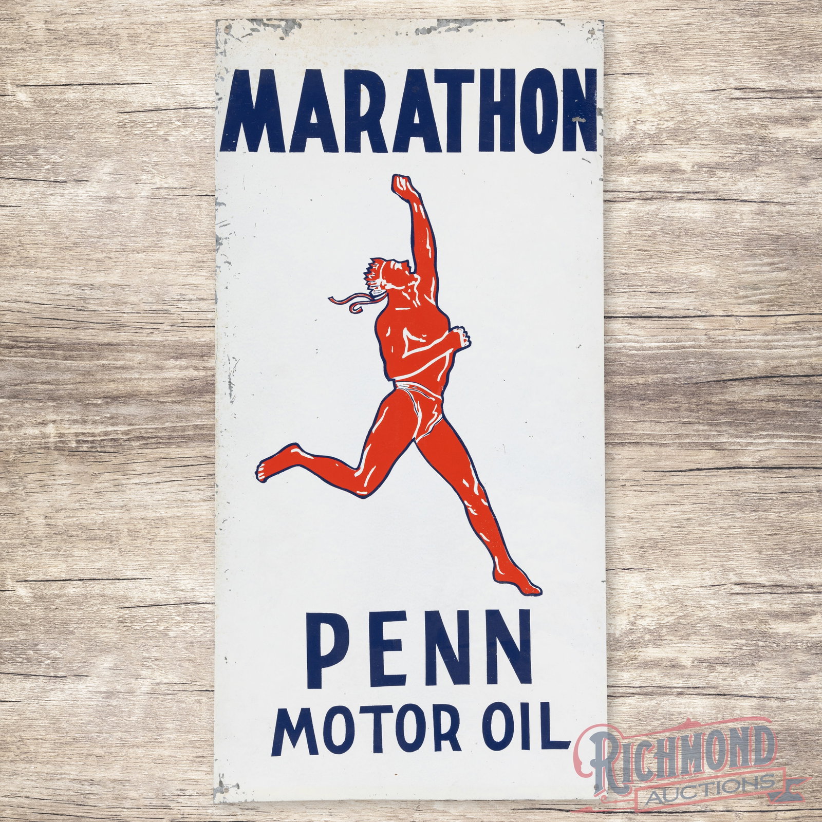 Marathon Penn Motor Oil 24" Single Sided Tin Sign w/ Running Man: SST (single sided tin) sign has very good color and shine. The field has light wear with small paint chips in the upper lettering. The perimeter has additional paint chips and minor edge bends. This s