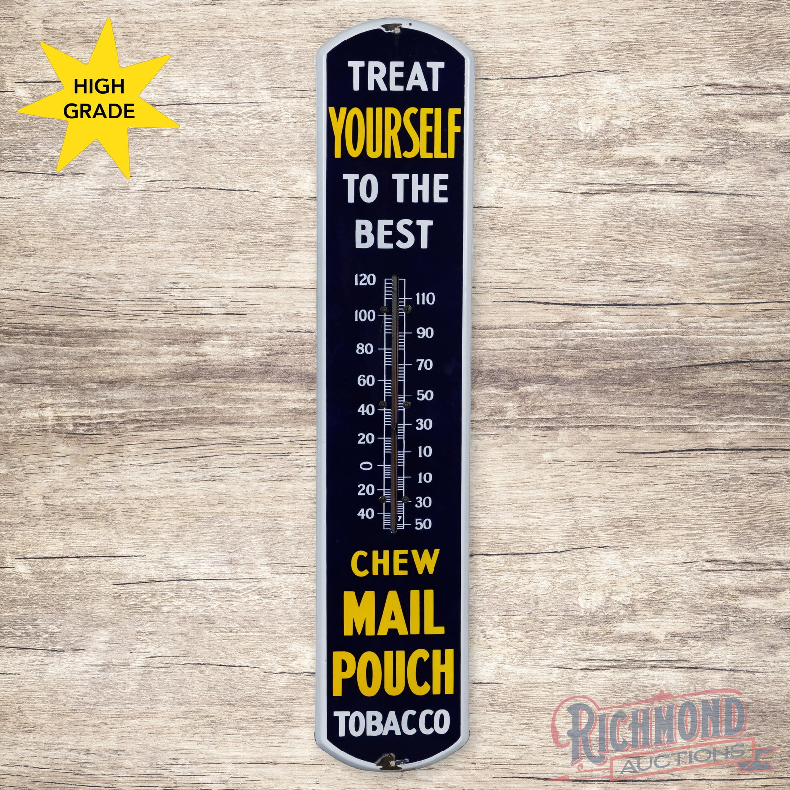 Treat Yourself to the Best Chew Mail Pouch Single Sided Porcelain Thermometer: SSP (single sided porcelain) thermometer has excellent color and gloss. The tube is present and works properly. The display has a clean field with small chips at the upper and lower mounting holes and