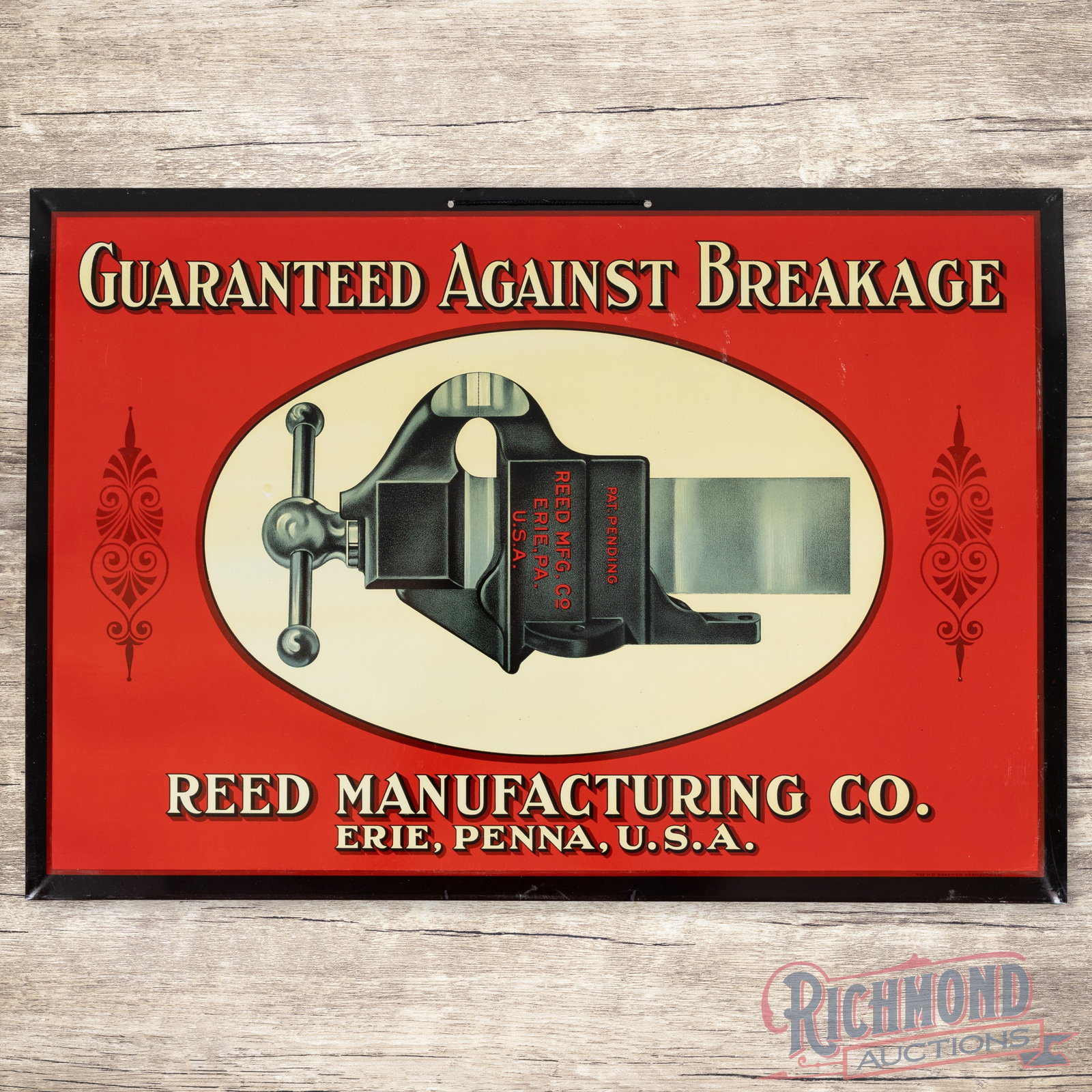Reed Manufacturing Co. Erie Pennsylvania Single Sided Tin Sign: SST (single sided tin) sign with cardboard reverse has excellent color and shine. The display has minor surface imperfections in the fields. The perimeter has tiny color-matched paint chips along the 